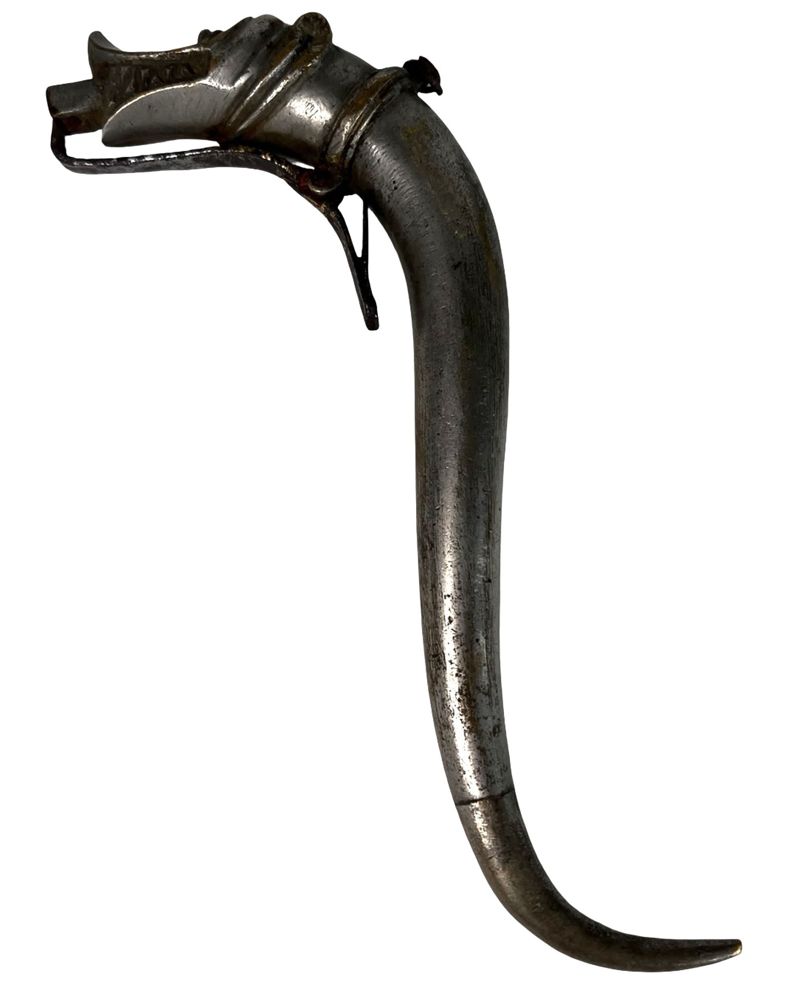 Antique Indo-Persian Iron Gunpowder Flask: Antique Indo-Persian iron powder flask, finely cast in the form of a stylized dragon or mythical beast's head with intricate facial features. The curved body mimics a horn or tusk, terminating in a fi