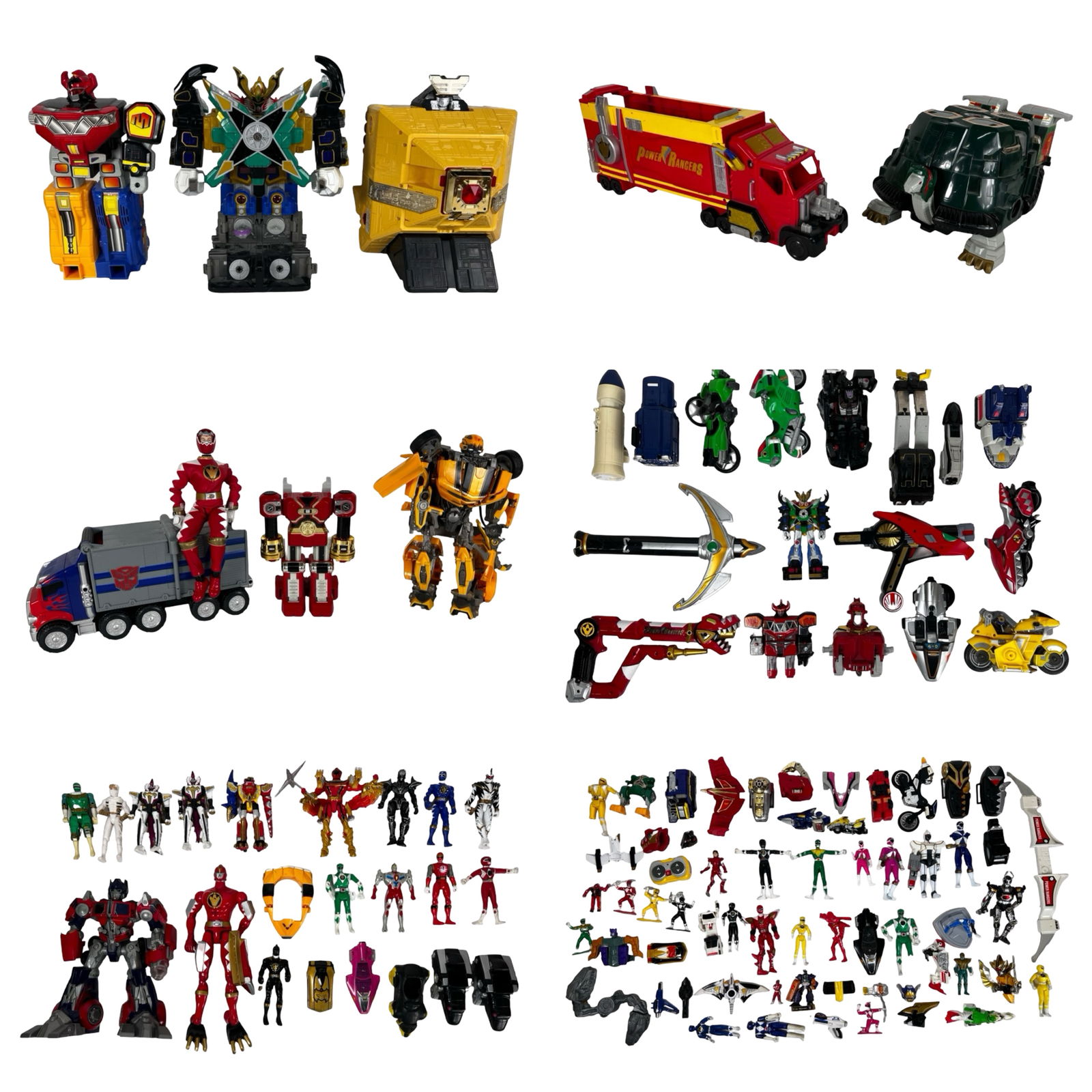 Power Rangers, Transformers & Robot Action Figures: Large mixed lot of Power Rangers, Transformers, Voltron, and assorted robot-themed toys and action figures. Includes various Megazords, vehicles, morphers, weapons, and characters from different serie