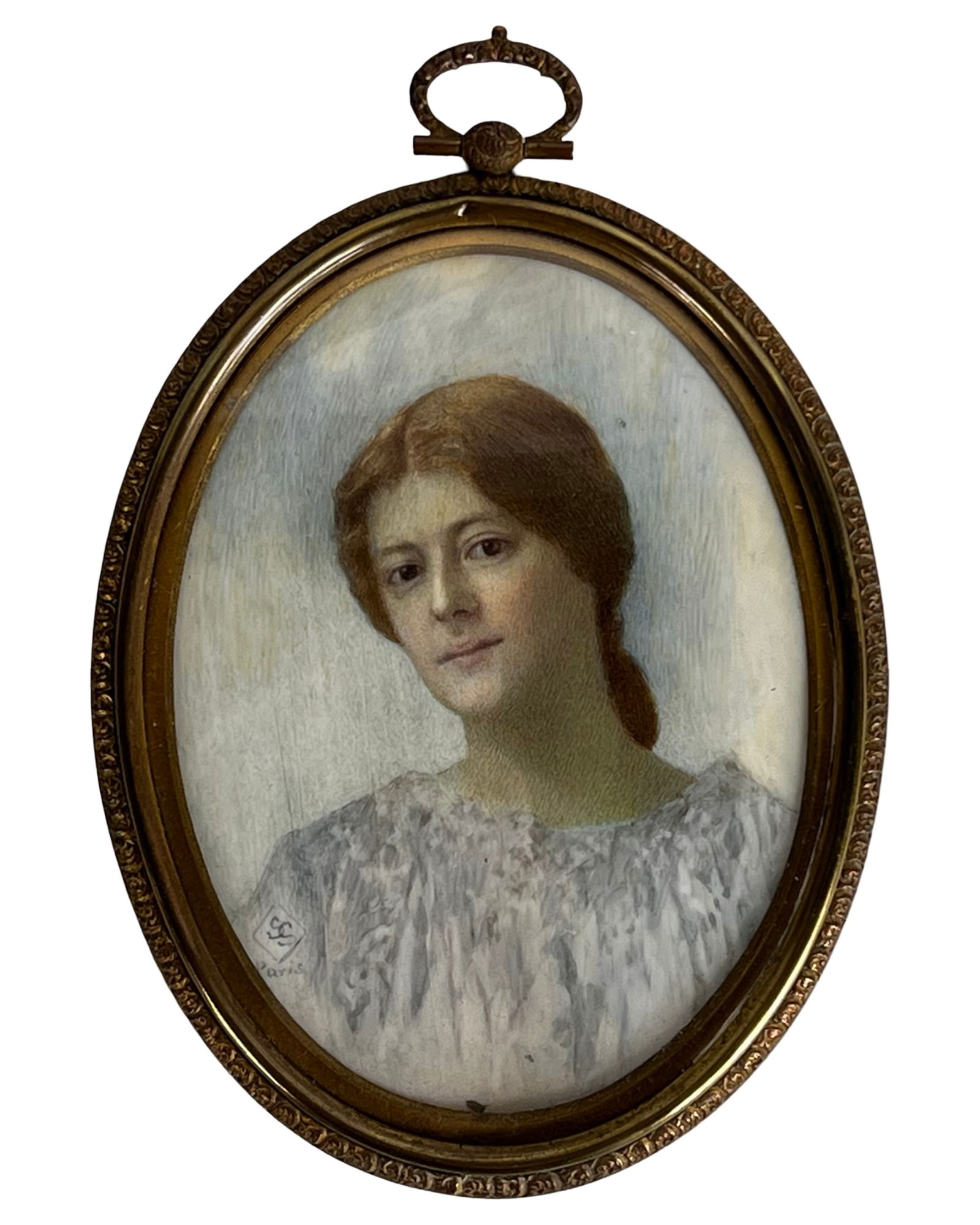 Antique Miniature Portrait of a Lady- SC Paris: Finely detailed late 19th-century miniature portrait of a young woman with auburn hair, rendered with remarkable realism. The painting is signed lower left with the monogram "SC" and marked "Paris." H
