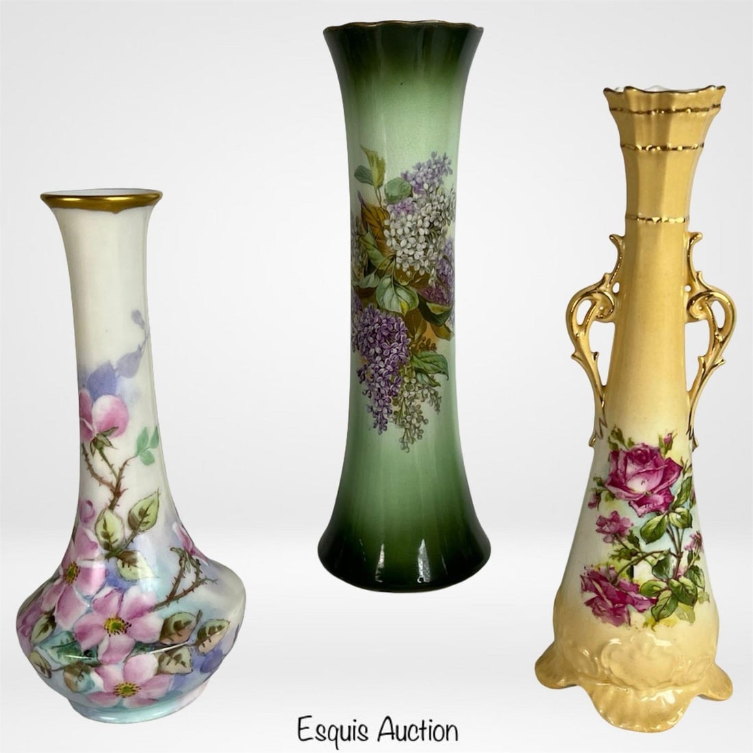 Antique Usona Goodwin Vase & European Vase: Group of three beautifully hand painted antique porcelain vases, each showcasing delicate floral artistry and classic early 20th-century craftsmanship. The tallest is a Usona Goodwin No. 3 Vase, featu