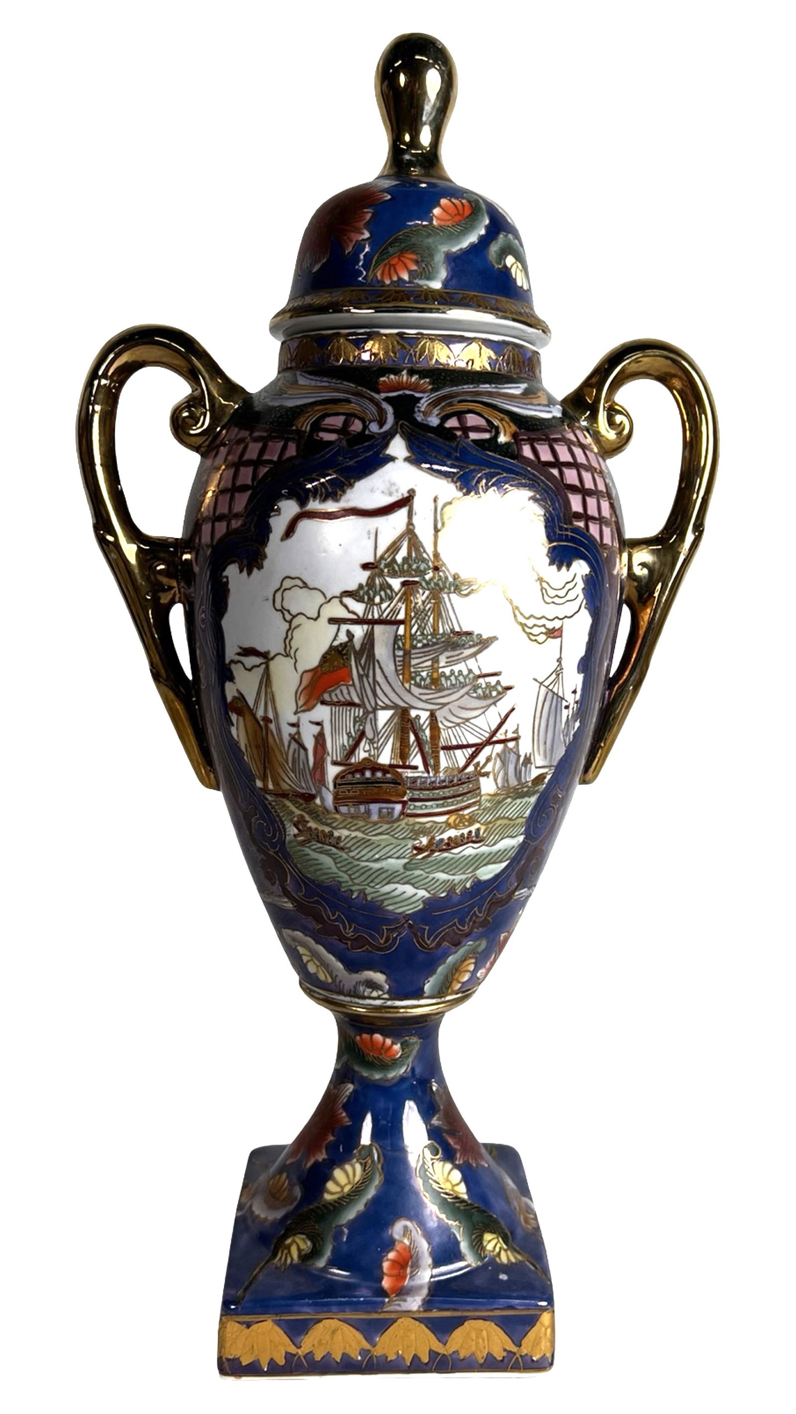 Blue Ship Design Double Handle Porcelain Vase (1 of 5)