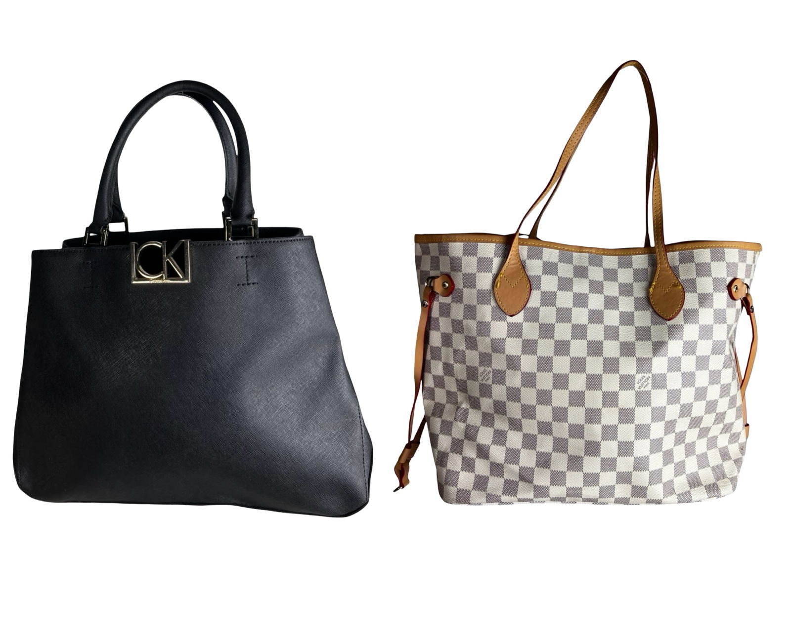 Calvin Klein Satchel & Neverfull Damier Azur Tote: Stylish set of two handbags including a sleek black Calvin Klein Kalina Mercury large satchel with structured silhouette and double handles, paired with the classic Neverfull MM tote in the iconic Dam