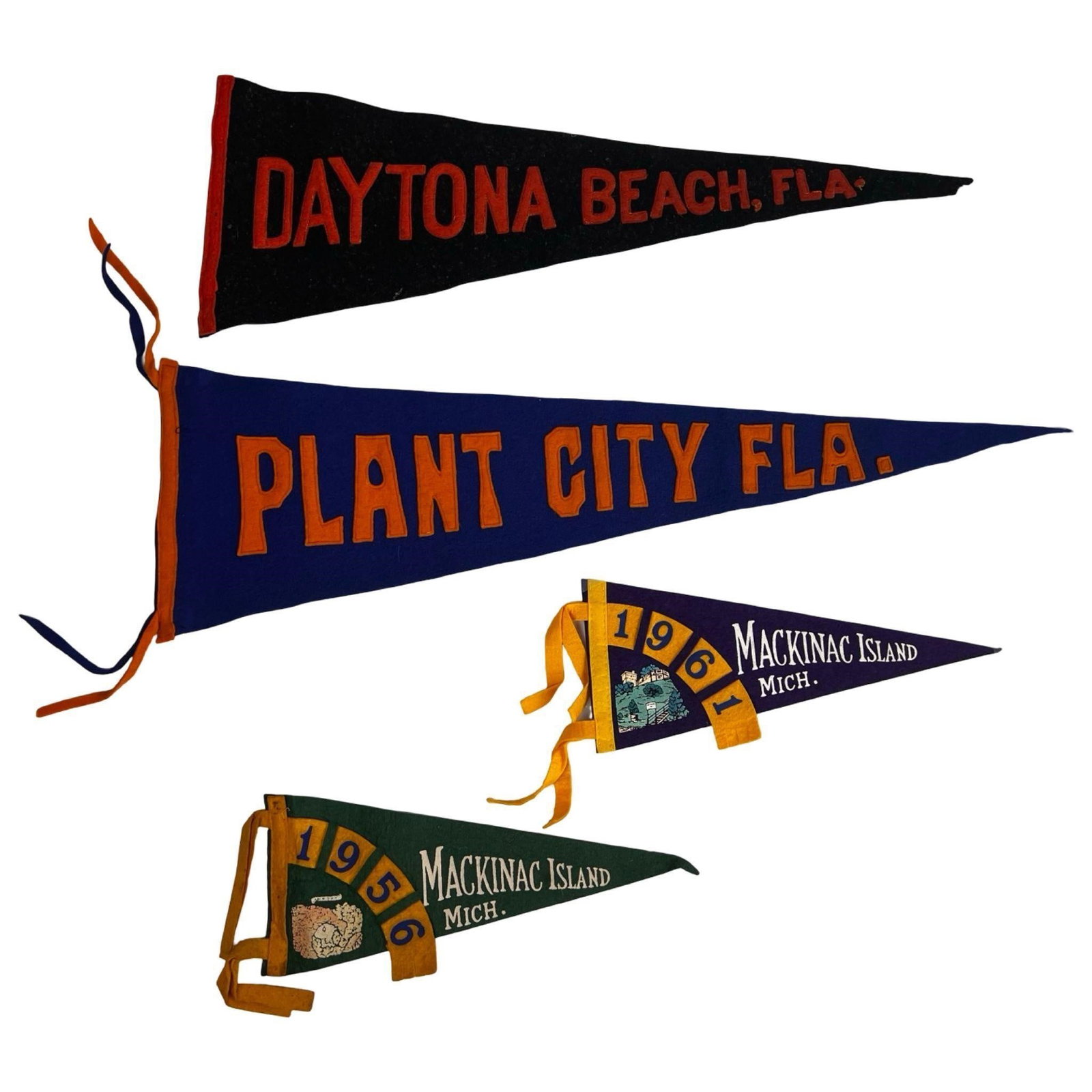 1950s Felt Pennants - Daytona Beach, Plant City &: Group of four colorful mid-century felt travel pennants from the 1950s and 1960s, representing Daytona Beach and Plant City, Florida, as well as Mackinac Island, Michigan (dated 1956 and 1961). Each f