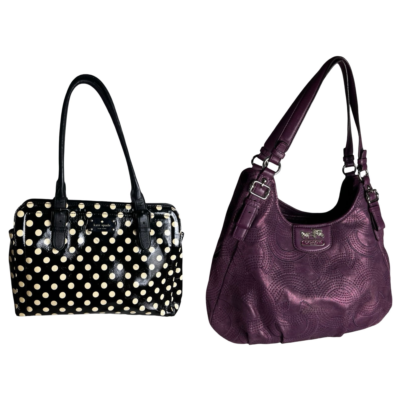 Coach & Kate Spade Designer Bags: Stylish duo featuring a Coach Madison Maggie hobo bag in metallic purple leather and a Kate Spade black patent leather satchel with white polka dots. Both bags offer spacious, multi-compartment interi