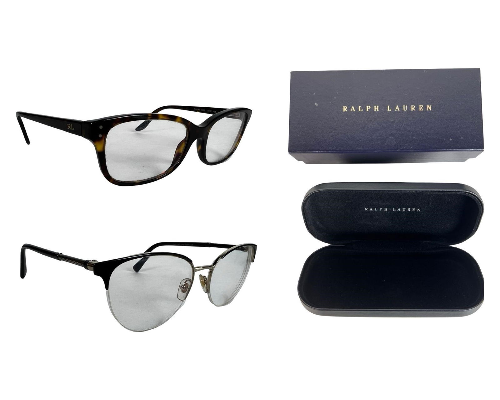 Versace & Ralph Lauren Designer Eyeglasses: This lot includes two stylish designer eyeglass frames. The first is a Versace MOD.1247 frame made in Italy, featuring a sleek semi-rimless design with black and silver-toned metal. It is marked size