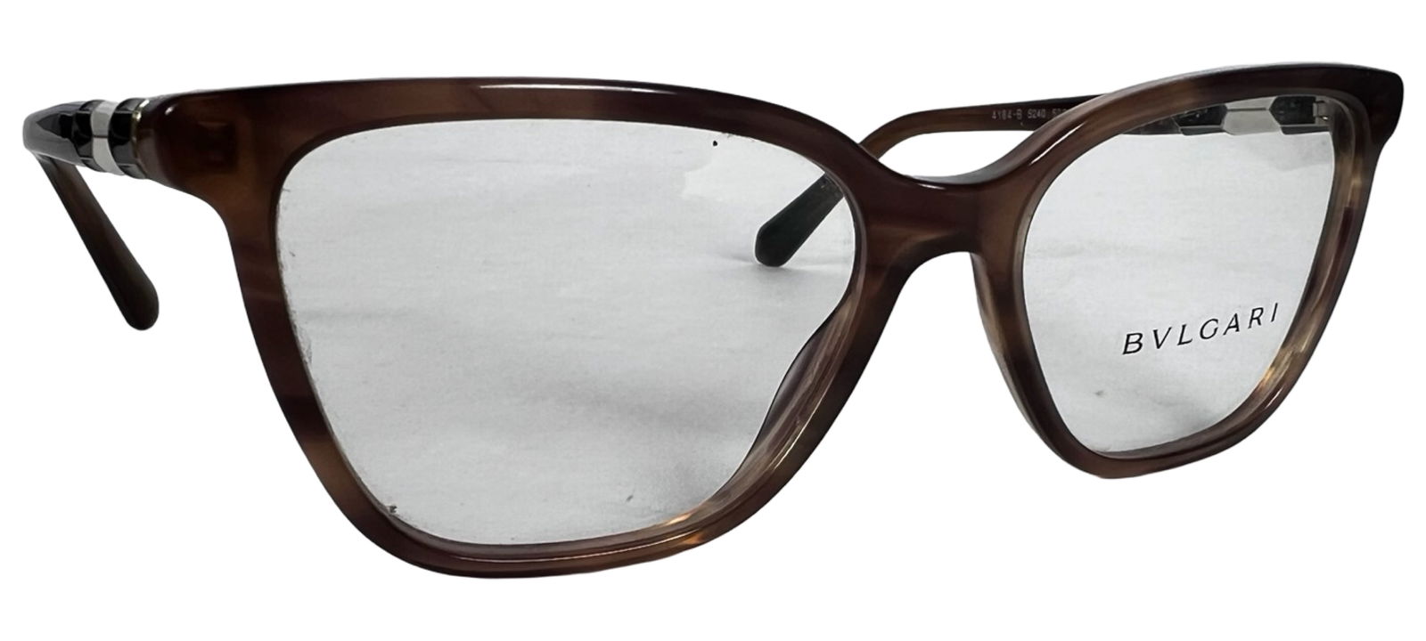 Bvlgari 4184-B Designer Eyeglass Frames: Elegant Bvlgari eyeglass frames in a rich brown tone with a flattering cat-eye shape. Model 4184-B 5240, size 5216-140, marked "BVLGARI MADE IN ITALY" on the inner arm. Stylish and refined, with signa