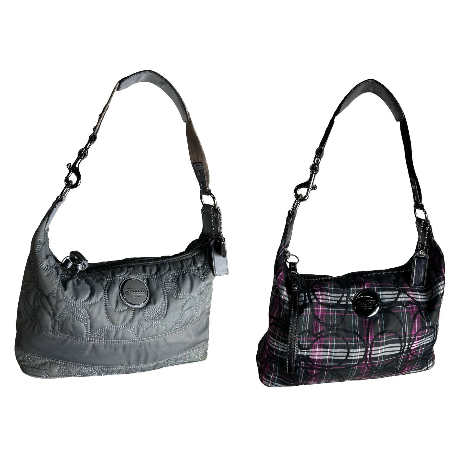 Coach Quilted & Plaid Shoulder Bags: Two Coach shoulder bags, including a slate gray quilted nylon style with purple satin lining and a Poppy Tartan Plaid design in black, purple, and gray with fuchsia lining. Both feature zip-top closur