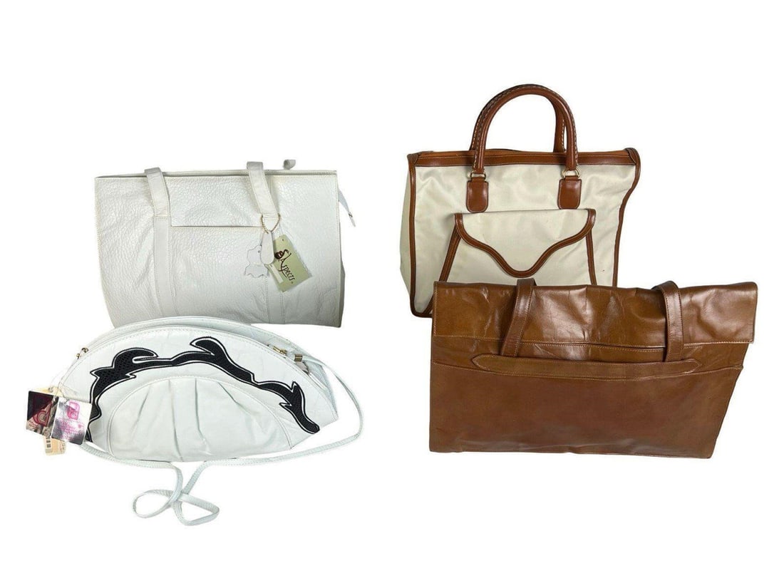 Leather Leather Handbags/ Bags/ Purses: Group includes a Meyers Made in USA white leather handbag, a Designs by Frivole brown leather tote, a Park Avenue Int. white shoulder bag, and a two-tone cream and brown satchel. Largest measures 15"