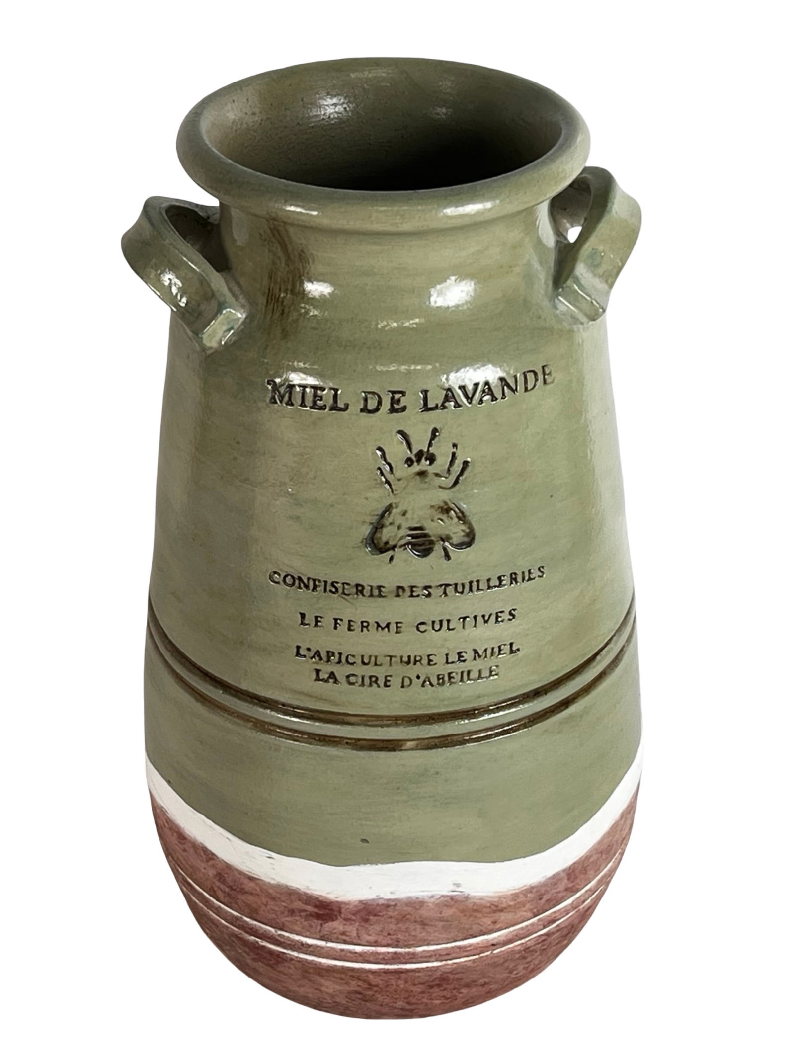 Vintage French "Miel de Lavande" Honey Crock: Charming vintage French ceramic crock with a glossy glaze and raised bee motif, reading "Miel de Lavande" (Lavender Honey) and additional French script referencing beekeeping and honey production. Fin