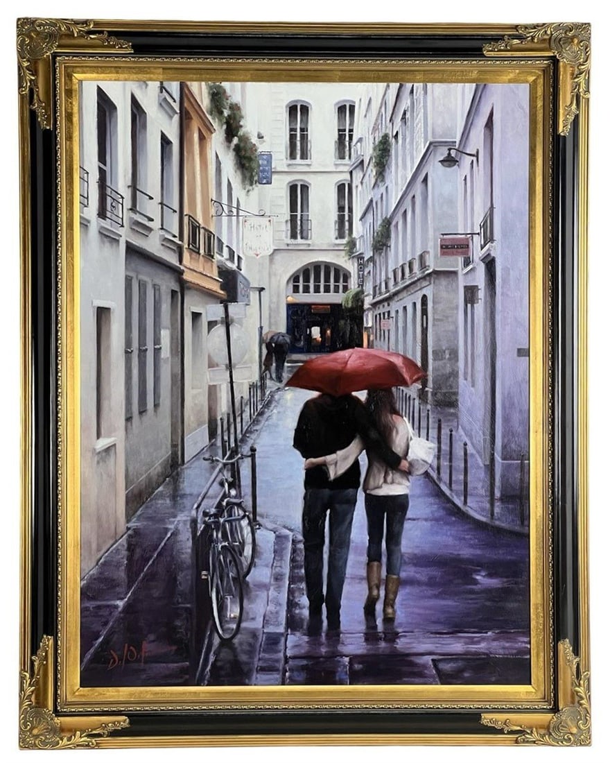 Daniel Del Orfano - Lost in Paris Giclee Art: Romantic and evocative, Lost in Paris by contemporary artist Daniel Del Orfano captures a quiet, rain-kissed moment of intimacy between two figures walking arm-in-arm under a red umbrella through a ch