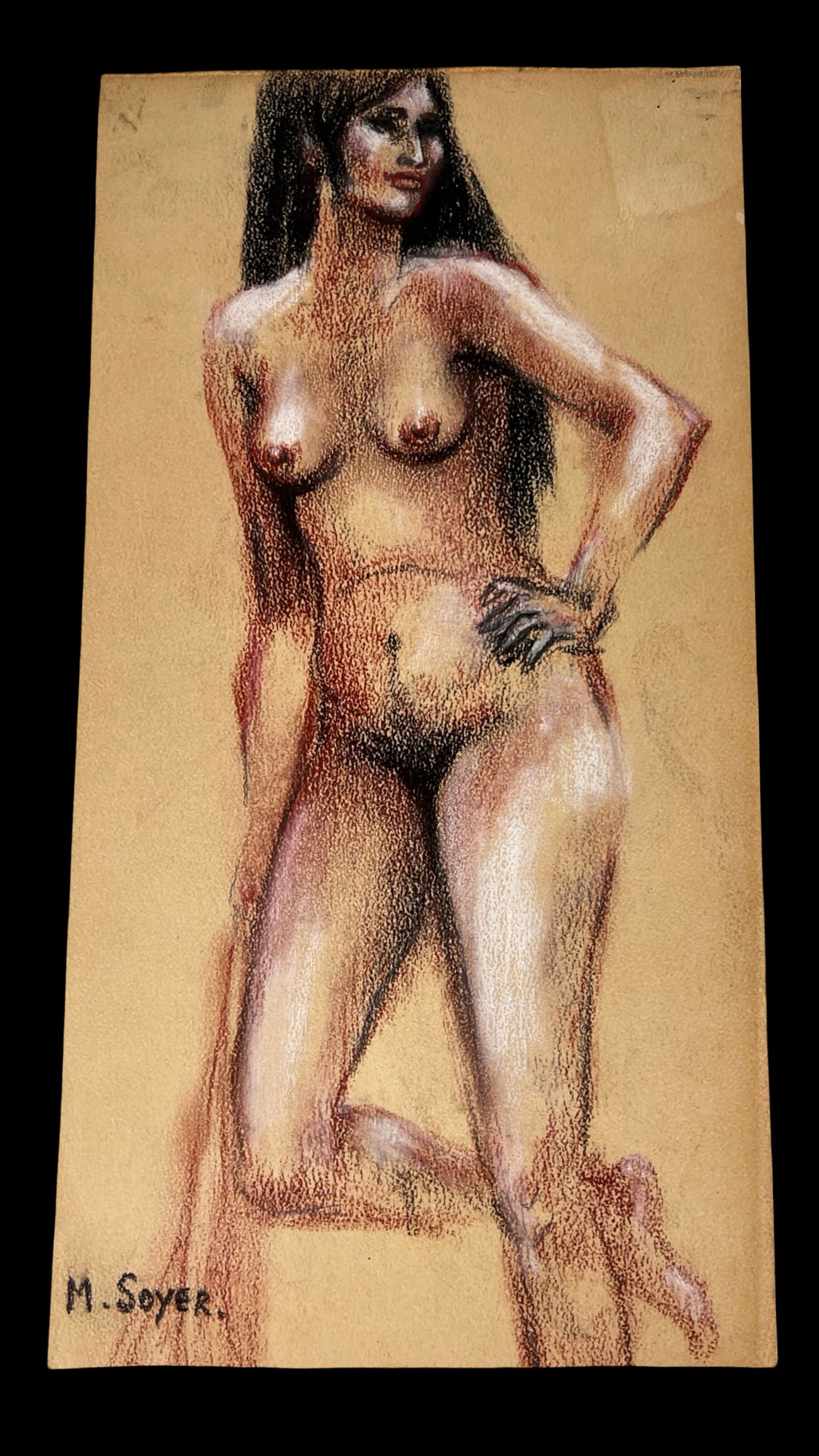 Moses Soyer - Social Realist Nude Pastel Drawing: Moses Soyer presents an expressive pastel drawing of a standing female nude, rendered with confident line work and warm, earthy tones characteristic of mid-20th-century Social Realism. The figure is d