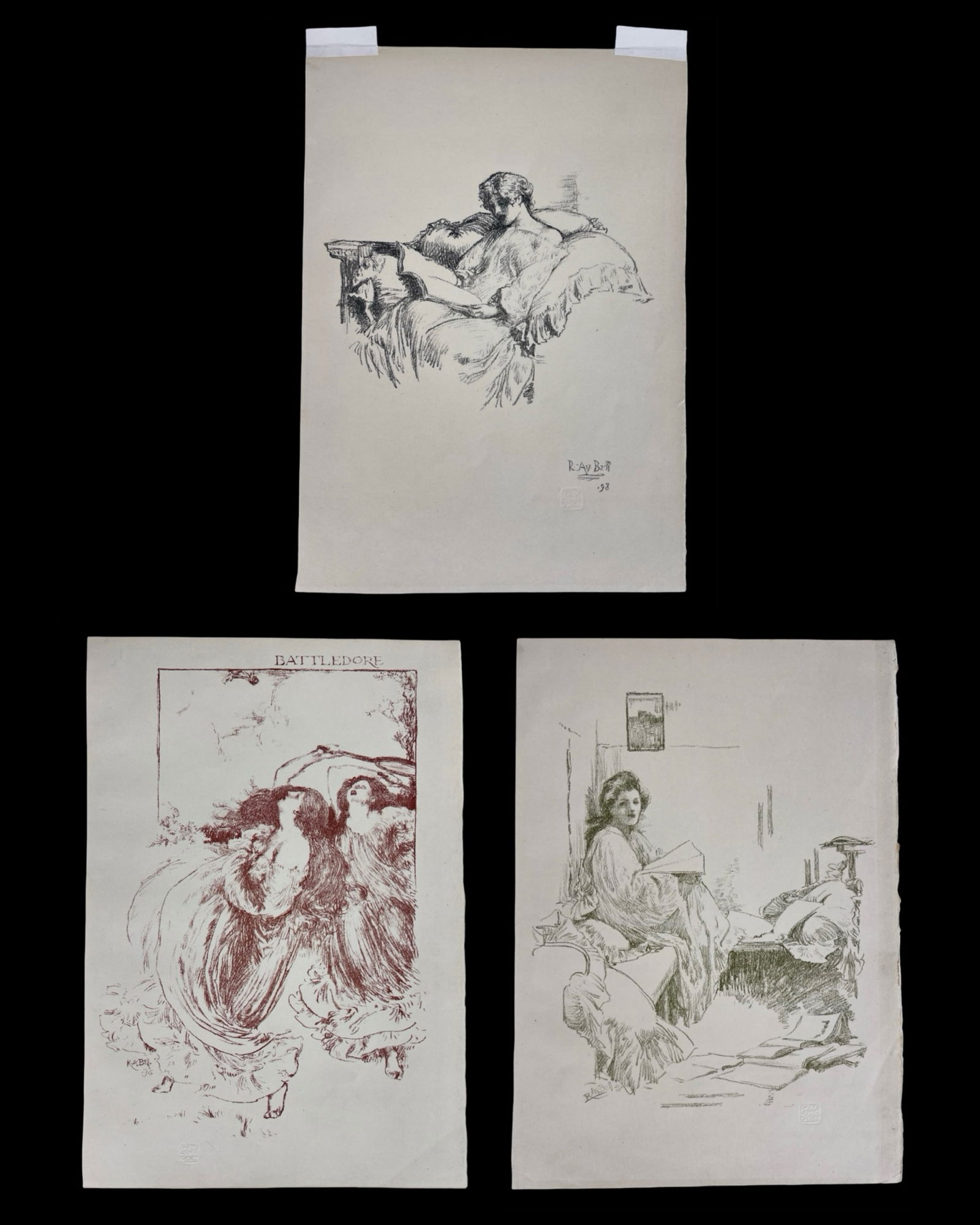 Robert Anning Bell- 3 Antique 1890's Lithographs: Set of three original late 19th-century lithographs by English artist R. Anning Bell, each published in the influential British art periodical The Studio. The lithographs include "Battledore" from 189