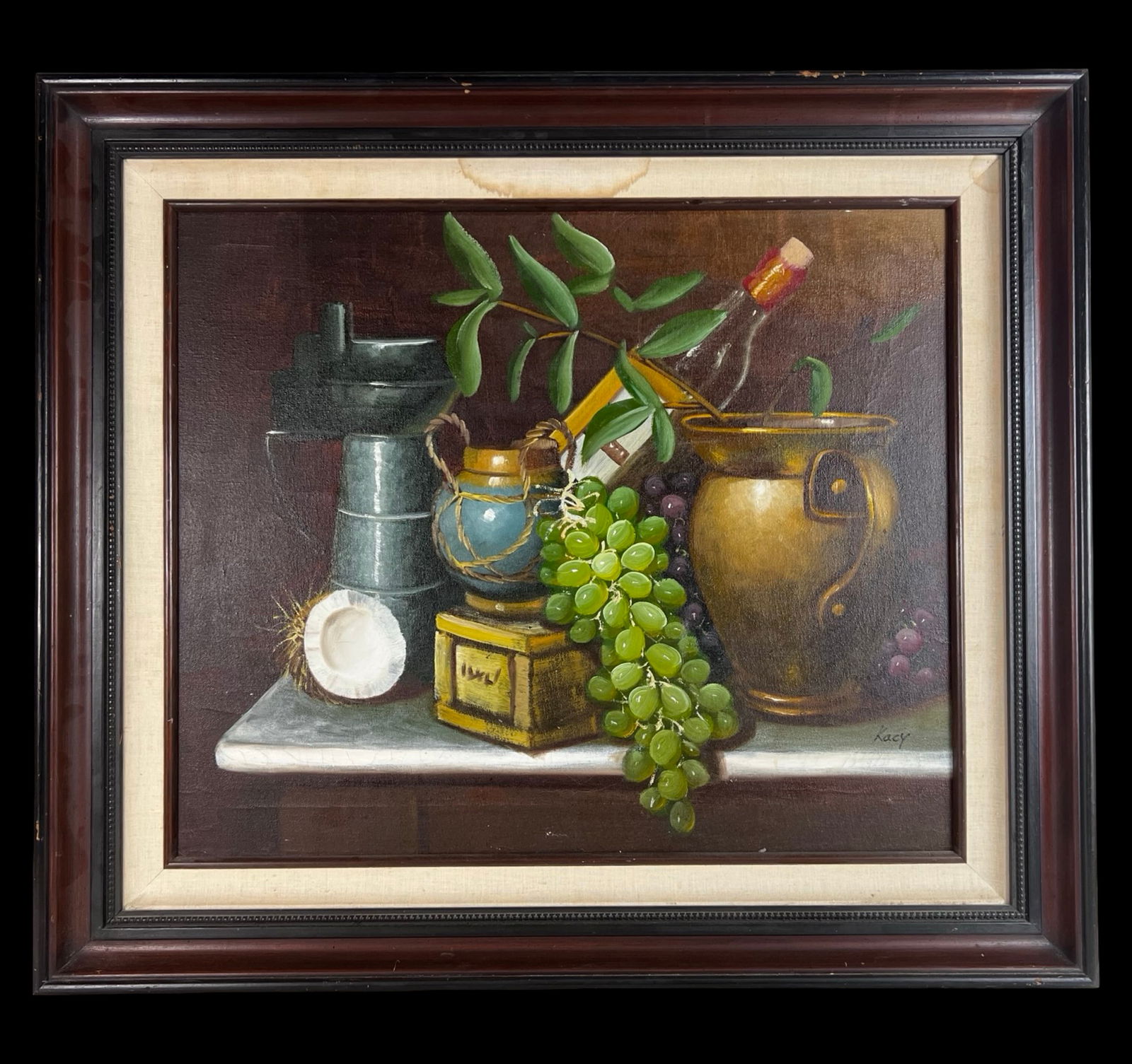 Still Life Oil Painting with Grapes by Kacy: Vibrant still life oil painting on canvas signed "Kacy" in the lower right corner. The richly composed scene features a cluster of green grapes cascading over a tabletop surrounded by a brass urn, blu