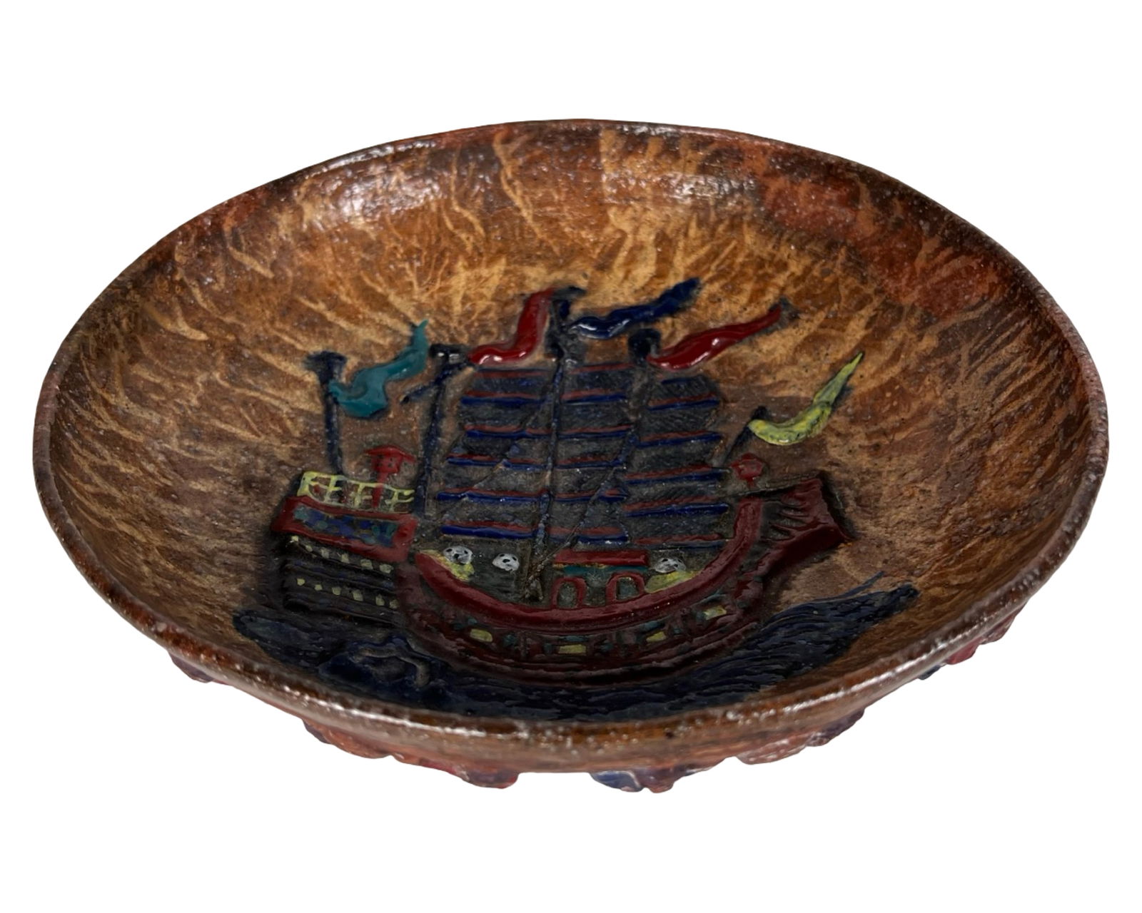 Chinese Mazu Offering Bowl - Dragon Dance & Ship: Celebrate the spirit of traditional Chinese festivals with this intricately hand-molded and painted clay offering bowl, measuring approximately 9 1/2 inches in diameter and 2 1/2 inches tall.The bowl