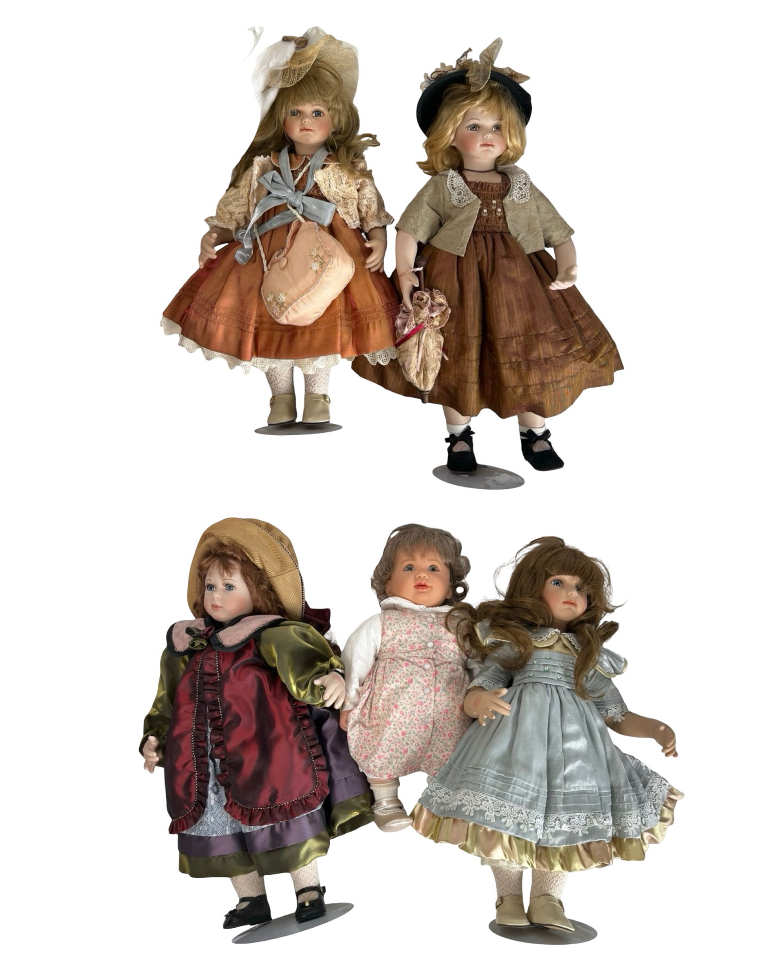 Group of Vintage Porcelain Dolls: Charming collection of five vintage porcelain dolls, each dressed in elaborate period-style attire. The group includes two elegantly dressed girls with feathered hats and parasols, wearing layered Vic