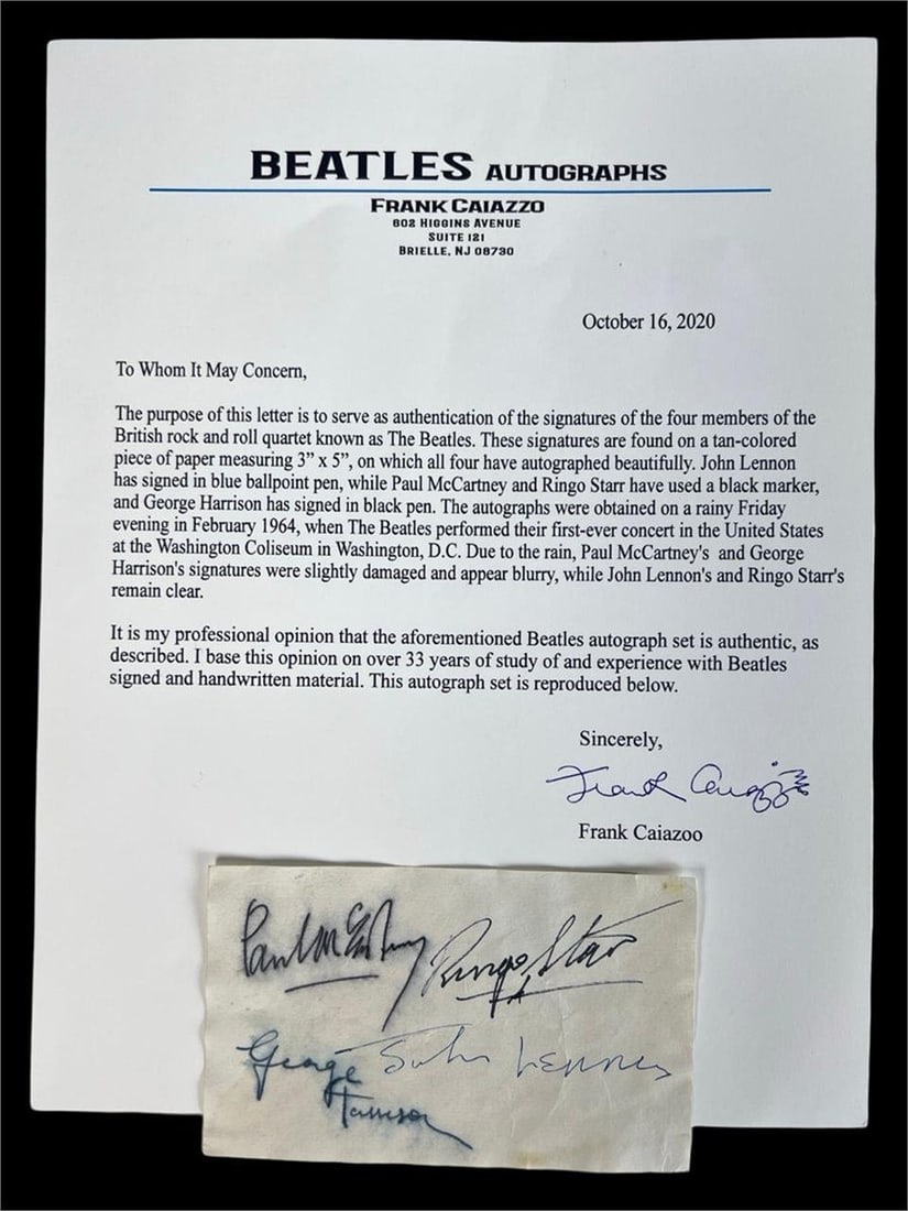 The Beatles - Fully Signed Autograph Card: Autograph card signed by all four members of The Beatles-John Lennon, Paul McCartney, George Harrison, and Ringo Starr. The signatures are on a 3" x 5" tan-colored paper, with Lennon signing in blue b