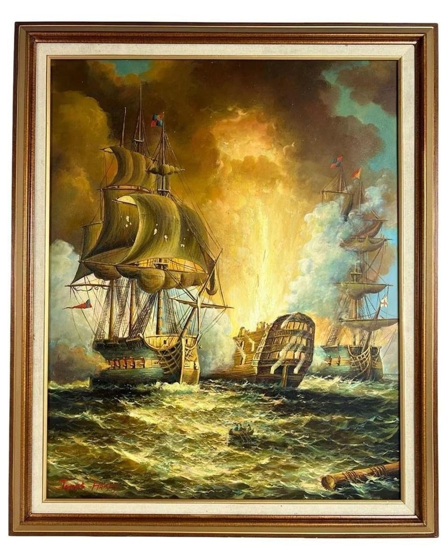 James Hardy III (Manner Of) Maritime Sea Battle: Dramatic maritime oil painting depicting a naval battle at sea, rendered in the manner of James Hardy III. Three tall ships, sails full and cannons firing, clash amidst turbulent waters and billowing