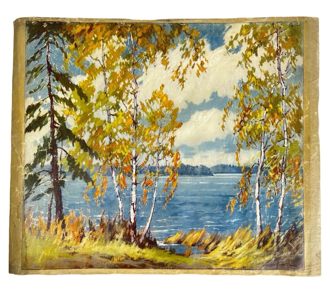 James Topping - Lakeside Landscape Painting: This tranquil oil painting by American artist James Topping beautifully captures the serenity of a lakeside scene in autumn. Rendered in a palette of rich golds and soft blues, the composition invites