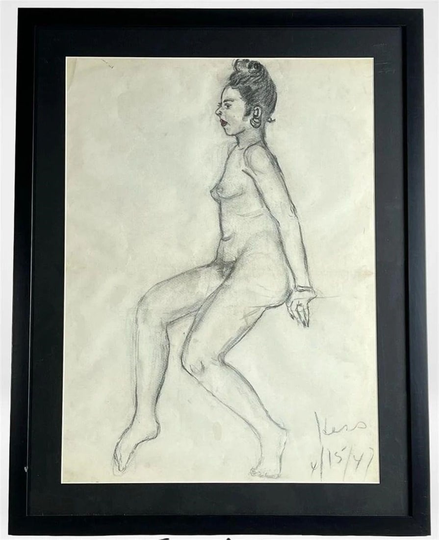 Rudolf Hess 1947 Charcoal Drawing of Nude Woman: Rudolf Hess's charcoal drawing of a seated nude woman, dated 4/15/47, captures the essence of mid-20th century American figure study with expressive linework and anatomical sensitivity. The compositio
