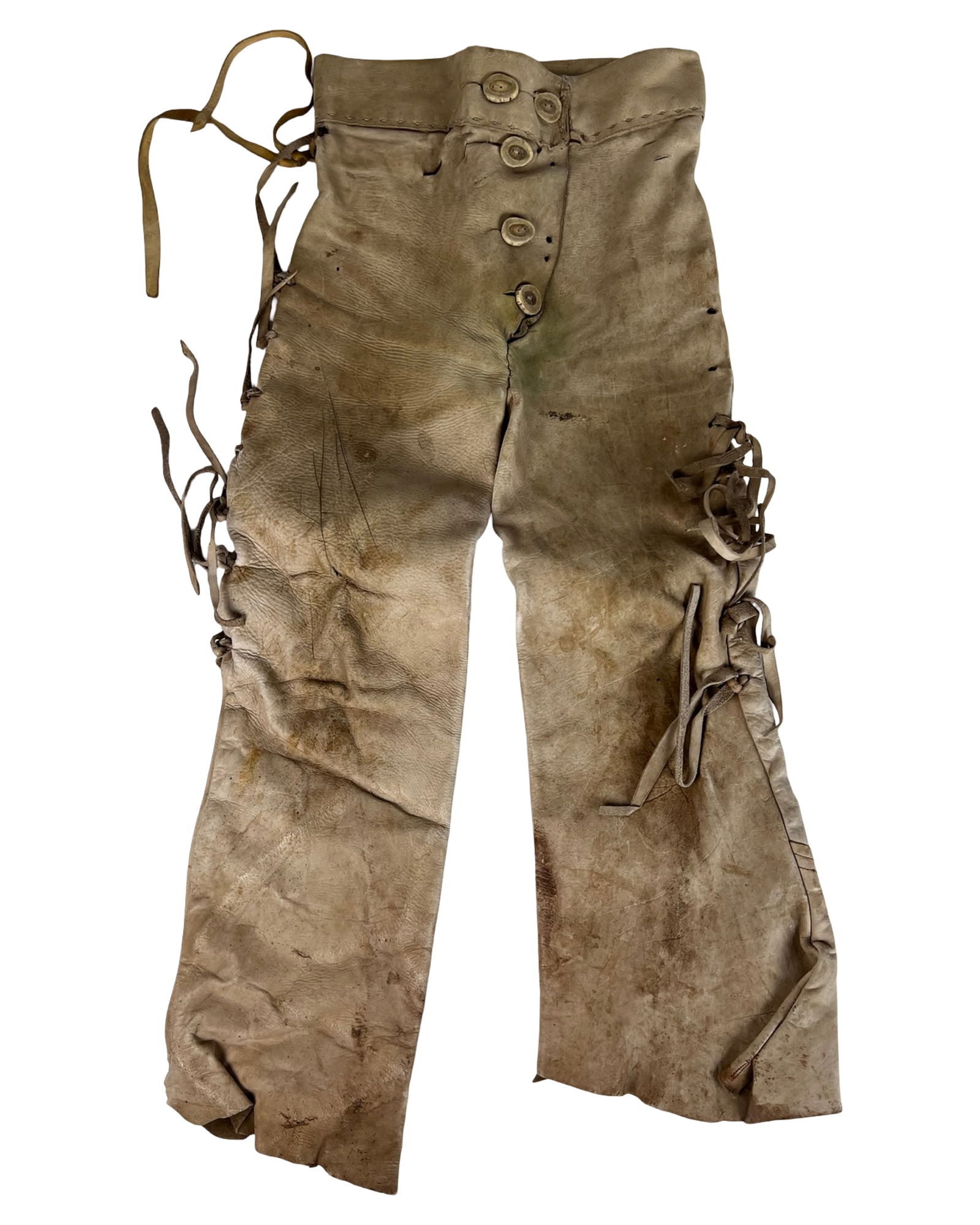 Antique Native American Indian Buckskin Pants: Authentic pair of 19th century Native American pants made from hand-stitched suede buckskin, featuring original carved bone buttons and side lace ties. These trousers reflect traditional craftsmanship
