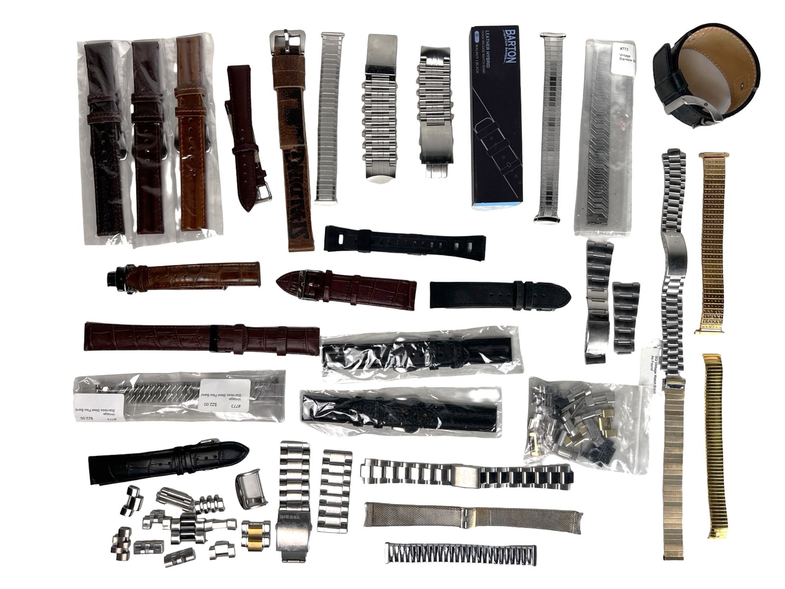 Lot of Leather & Metal Watch Bands: Assortment of vintage and modern wristwatch bands and components.