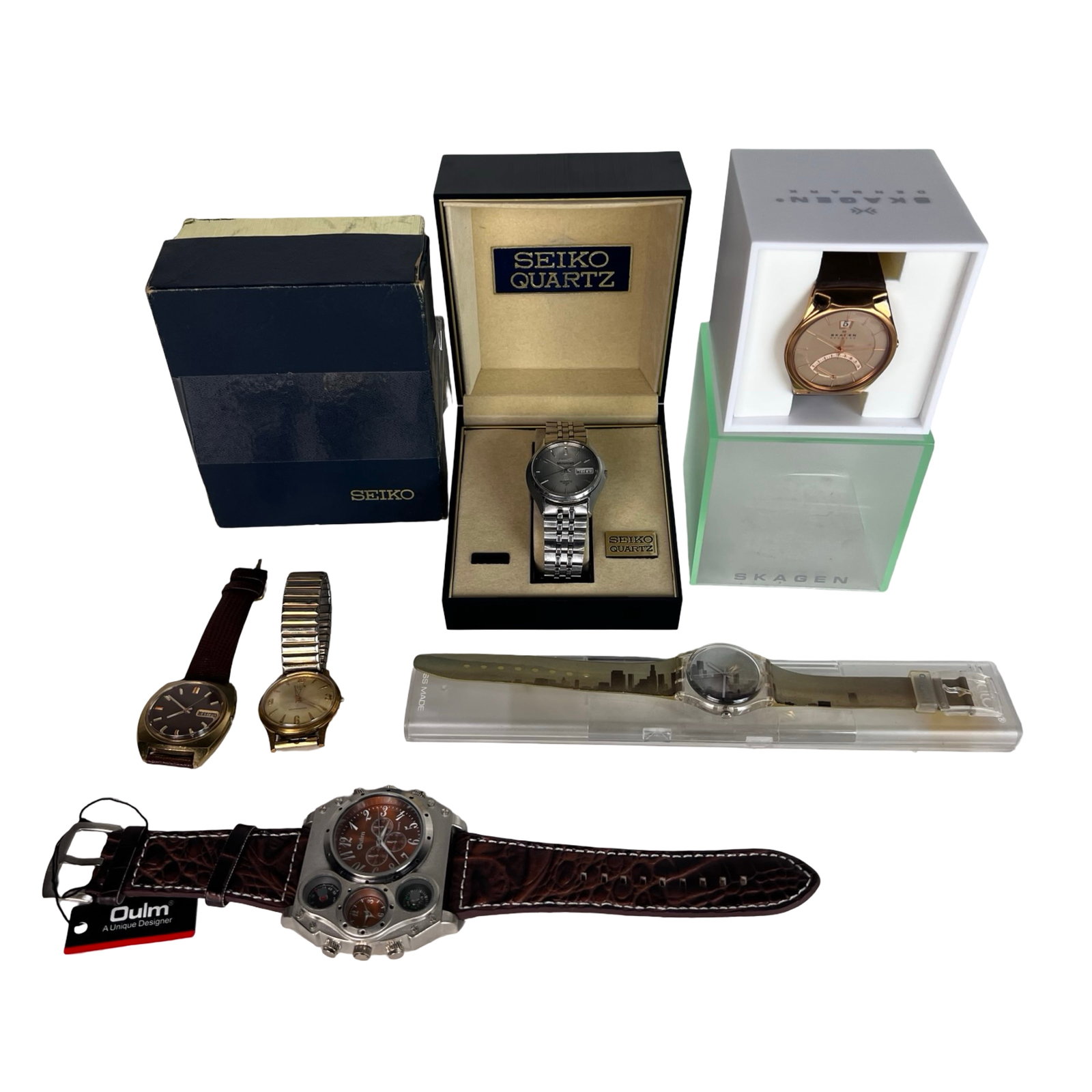 Wrist Watches- Seiko, Elgin, Swatch, Skagen: Group of Wrist Watches including Seiko, Elgin, Swatch, Skagen. Some new, some pre-owned. Untested. Please Note: Seiko in original box is missing battery compartment cover on verso.