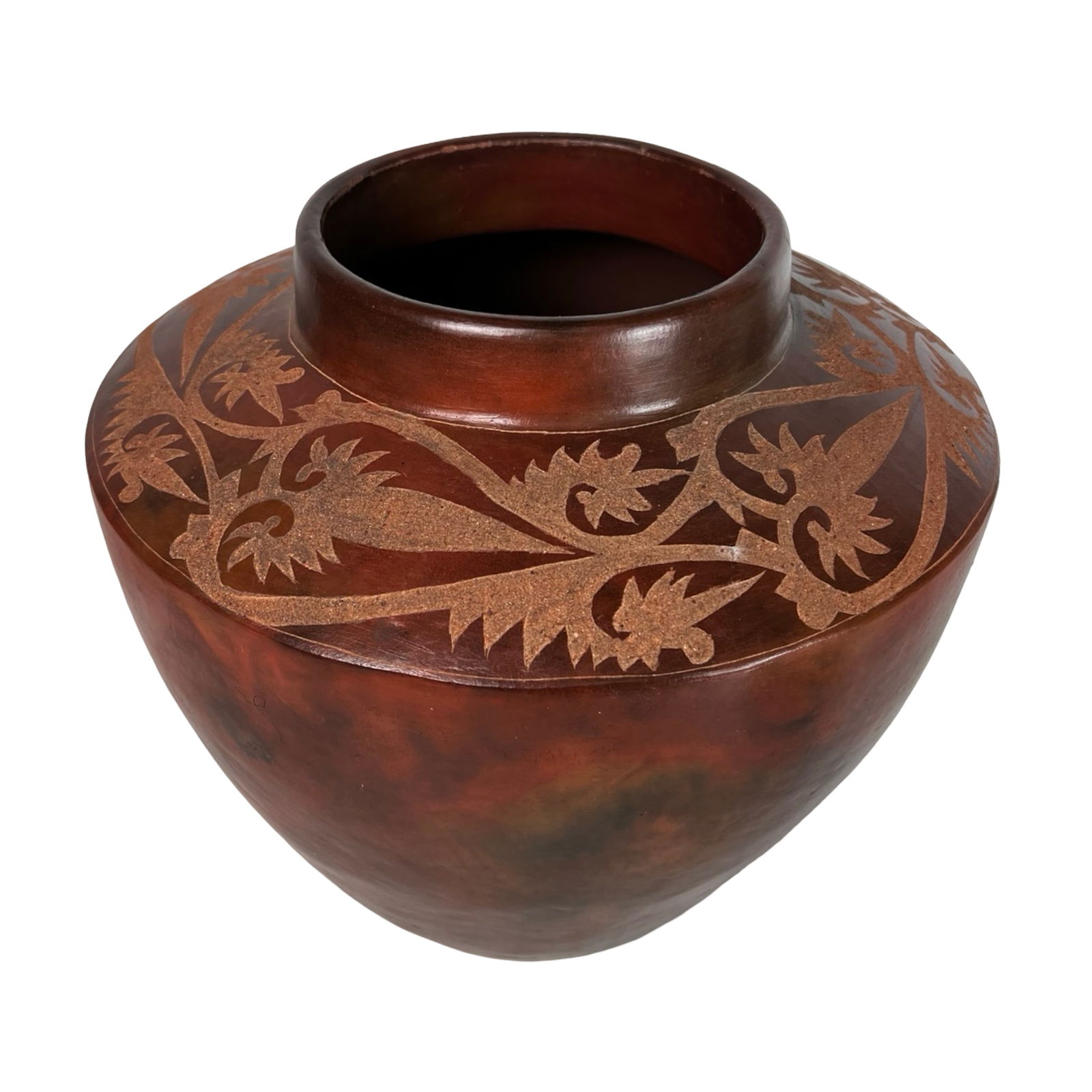Large Burnished Pottery Vase- Incised Floral Motif (1 of 5)
