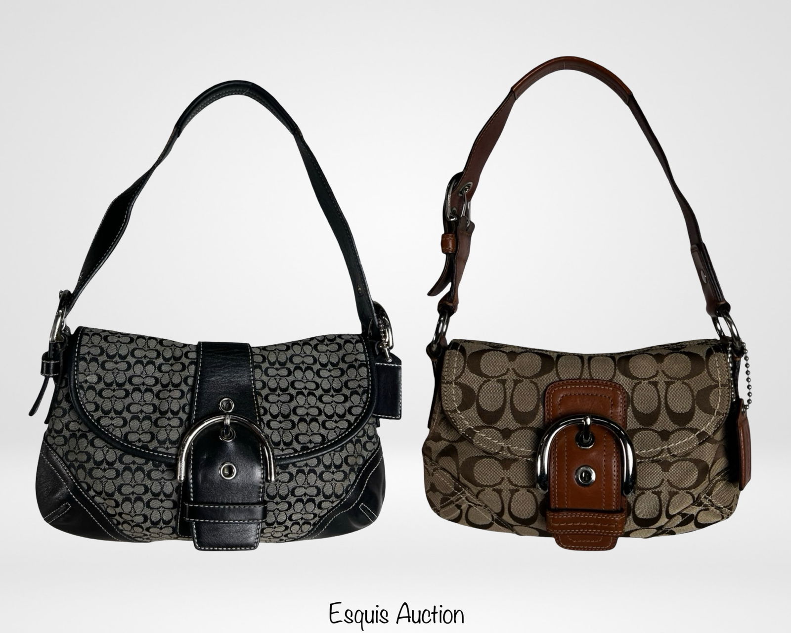Coach Soho Signature Buckle Shoulder Bags - Pair: Set of two vintage Coach Soho signature shoulder bags with classic buckle closures. One features a black and gray signature "C" canvas with black leather trim and silver-tone hardware; the other featu