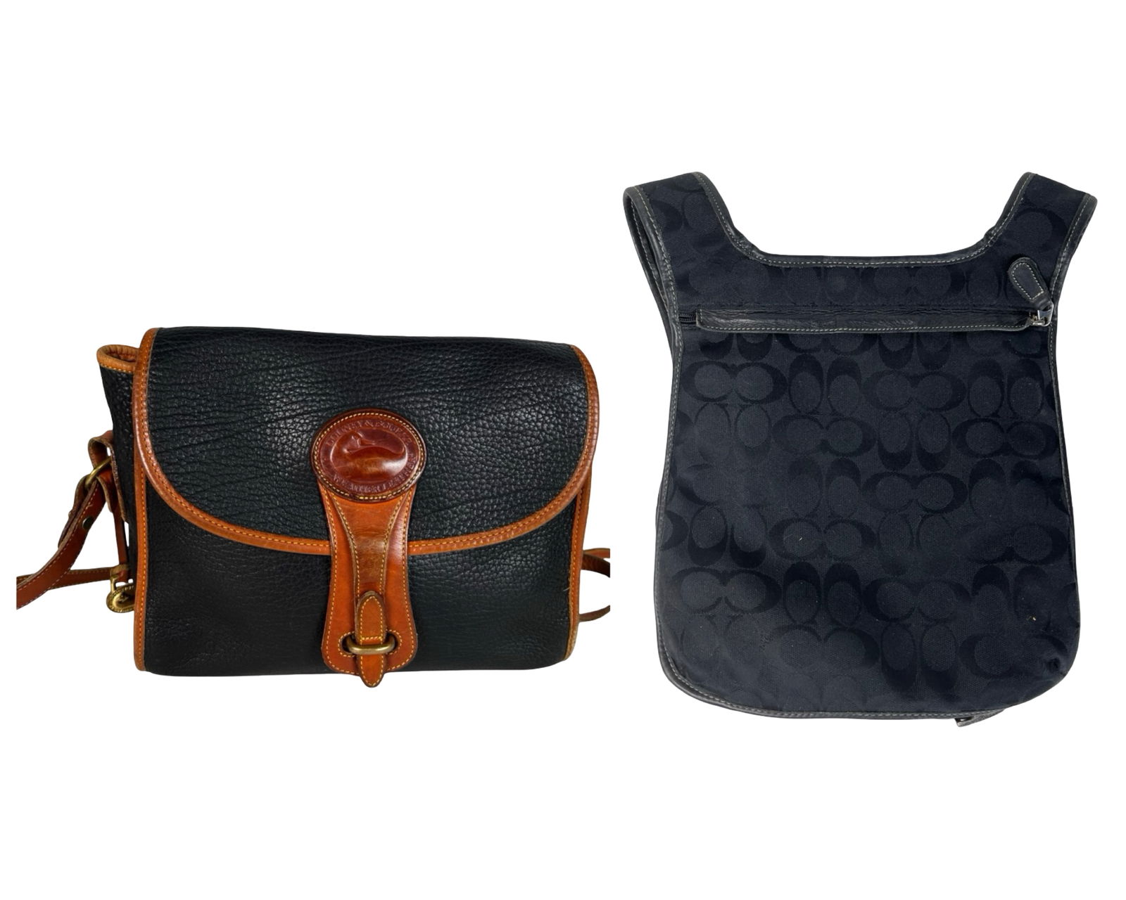 Dooney & Bourke Essex Bag & Coach Backpack: Classic duo of designer bags featuring a Dooney & Bourke Essex crossbody in black pebbled leather with tan trim and brass hardware, and a Coach black signature jacquard canvas backpack with zippered c