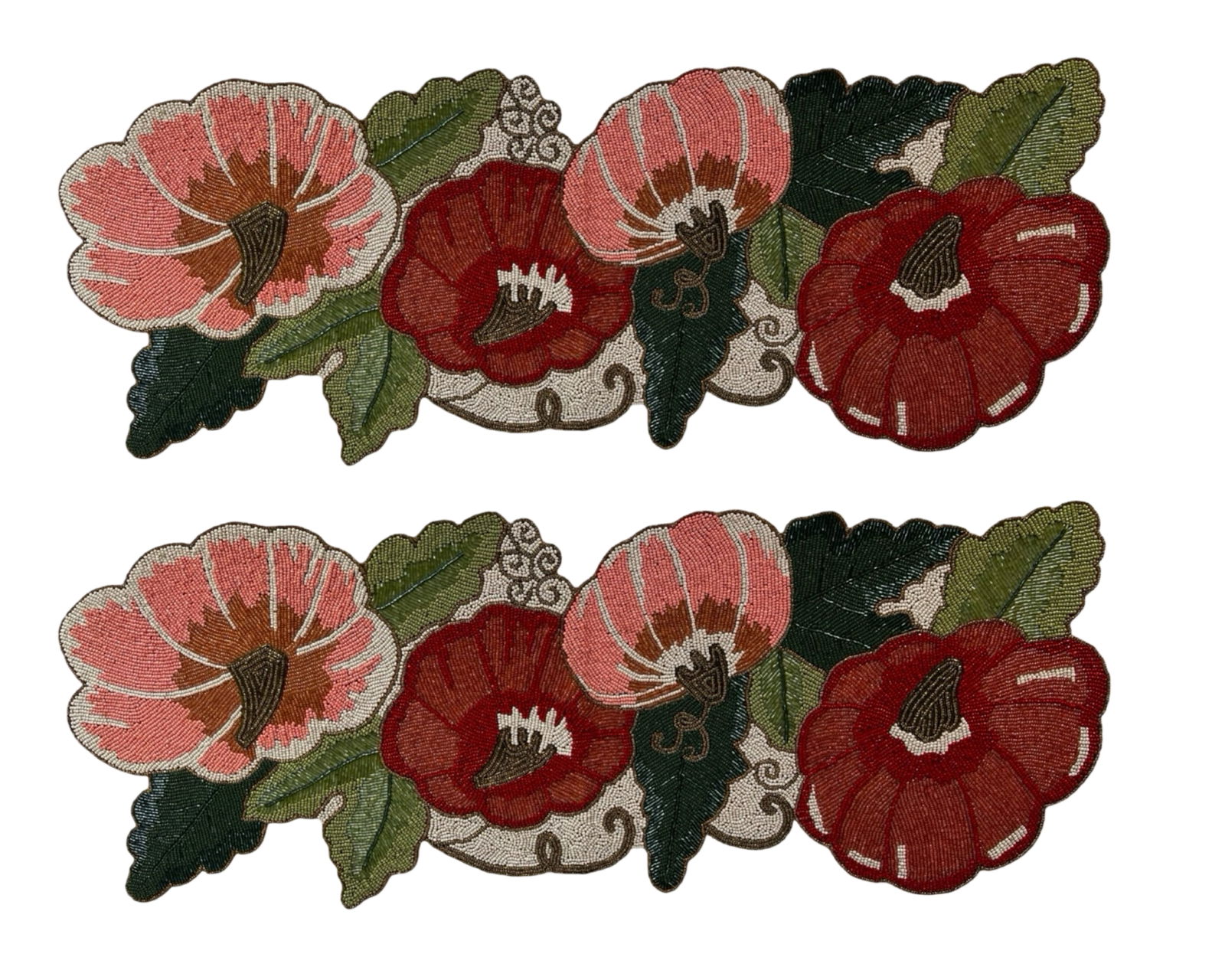 Pair of Multicolor Beaded Table Runners - Floral: Beautiful pair of intricately hand-beaded table runners featuring a vibrant floral motif in shades of red, pink, green, and gold. Each runner measures approximately 36 inches long by 14 inches wide an