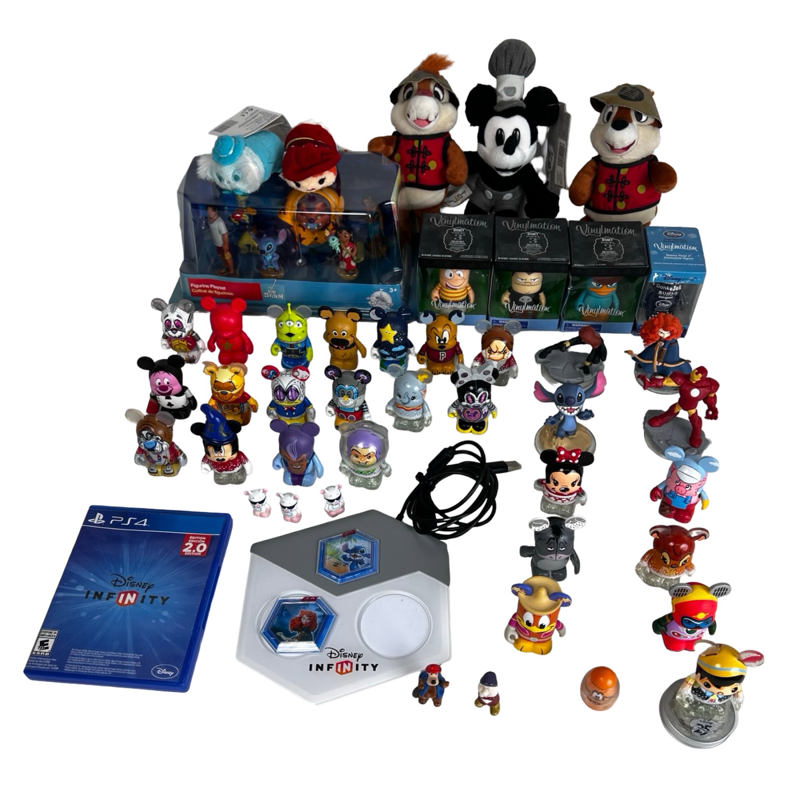 Collection of Disney Infinity, Vinylmation Figures: Disney character collection featuring over 50 items including Disney Infinity 2.0 for PS4 with portal base and figurines, a boxed Lilo & Stitch figure playset, a mix of Vinylmation collectible figures