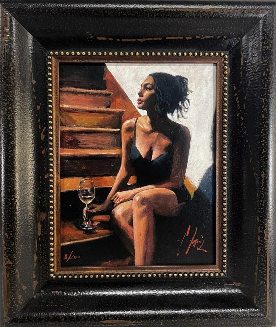 Fabian Perez - Hand Embellished Signed Art Giclee: Limited edition hand embellished giclee on canvas mounted on wood, titled White Wine on the Stairs, by acclaimed Argentine artist Fabian Perez. The evocative image portrays a poised woman seated by a