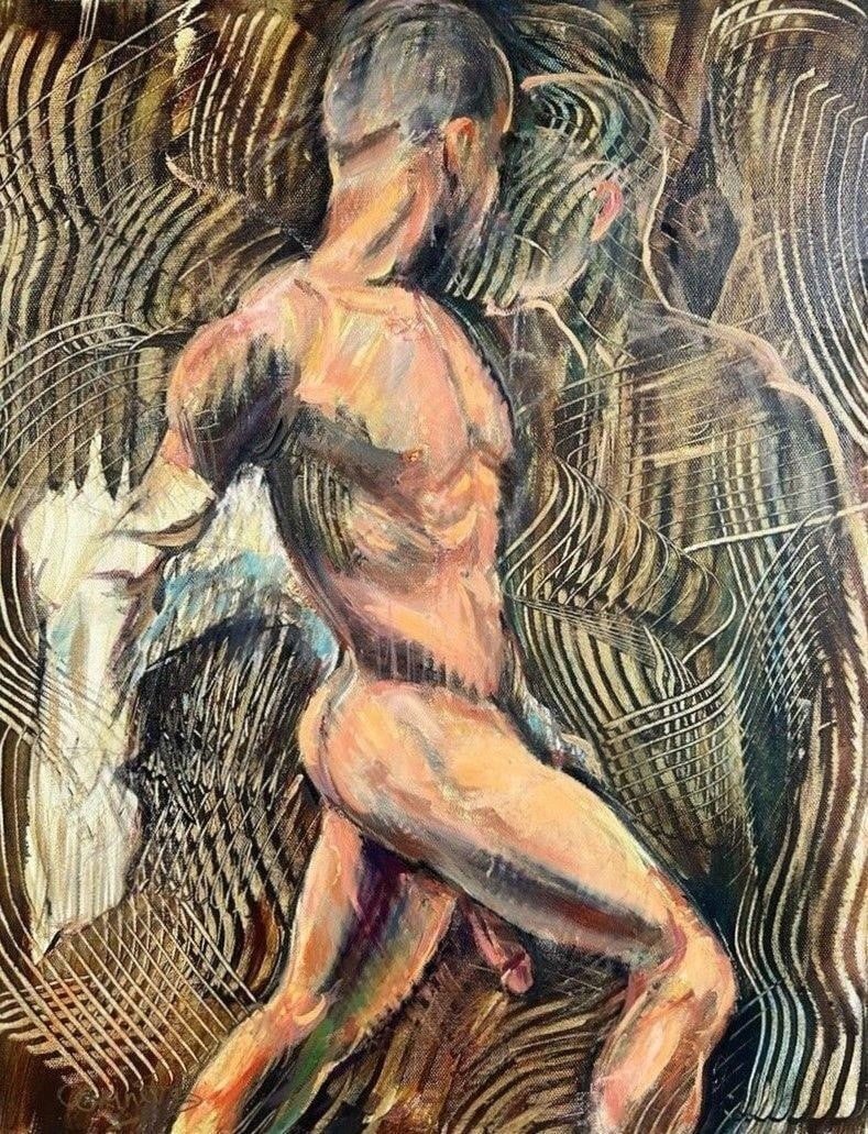 Oksana Grineva- Male Nude Expressionist Painting: Original oil on canvas by Oksana Grineva, presenting a powerful male nude captured in mid-motion. The figure is rendered with expressive, confident brushwork and sculptural anatomy, emerging from a ri