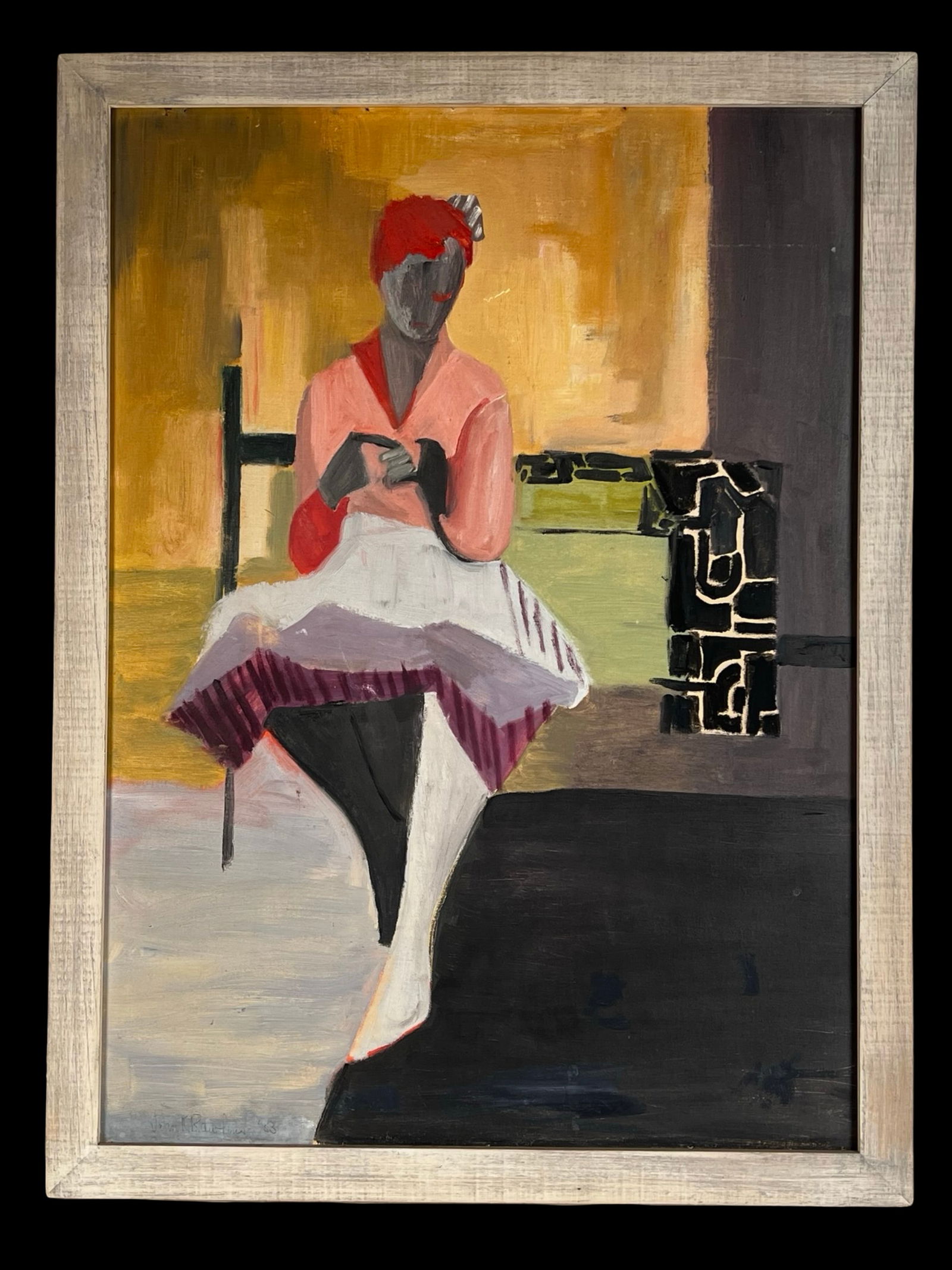 Jean K. Rawlins Mid-Century Figurative Painting: Jean K. Rawlins- Mid-century figurative oil painting depicting a seated female figure executed in simplified geometric forms and restrained color blocks, characteristic of Mid-Century Modern / Moderni