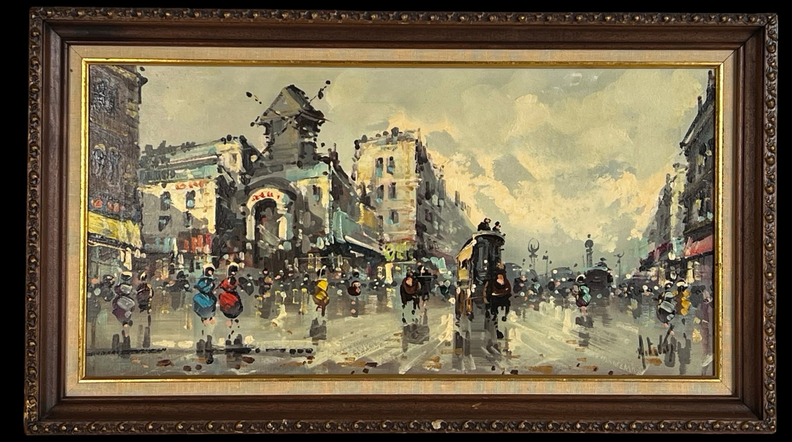 Parisian Street Scene Impressionist Oil Painting: Charming vintage impressionist oil painting depicting a lively Parisian street scene. The composition is animated with pedestrians strolling beneath awnings, flanked by tall architecture and quaint sh