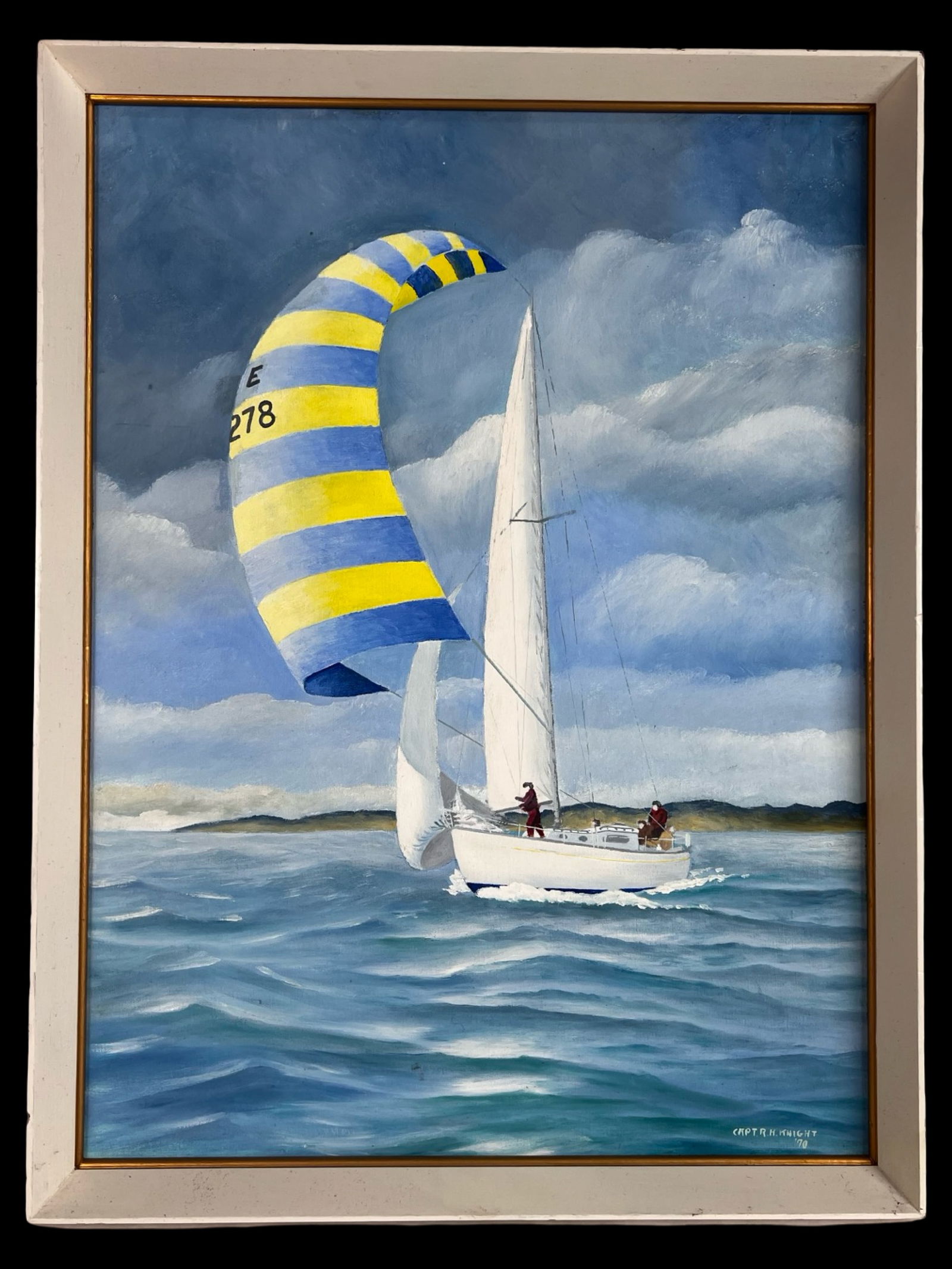Captain R.H. Knight - Sailing Regatta Oil Painting: Striking oil on canvas painting by noted Florida artist Capt. R.H. Knight, dated 1970. The composition captures a dramatic sailing scene with a yacht cutting through the waves under full sail. A vivid