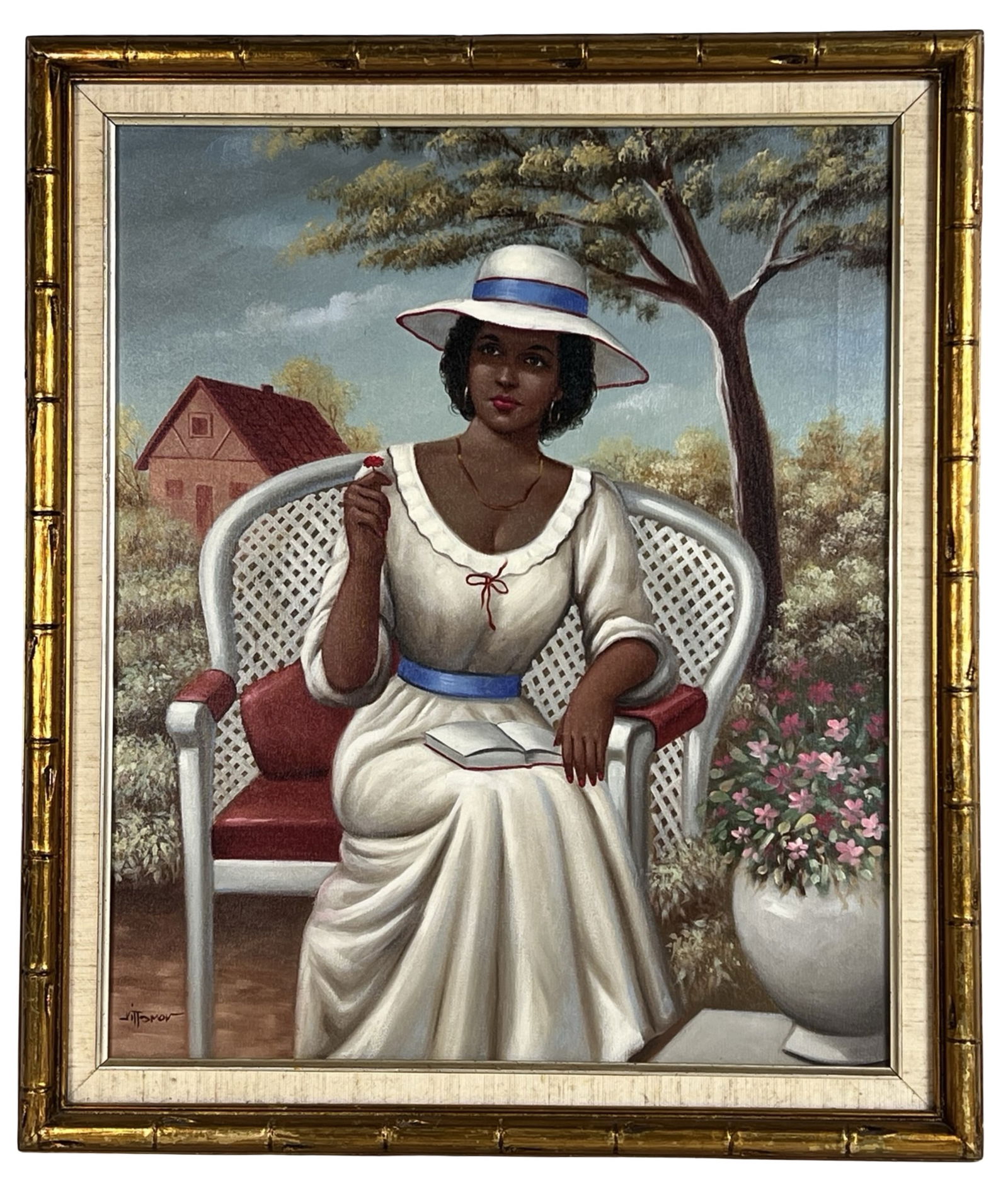 Portrait of a Beautiful Lady Oil Painting: Charming oil painting depicting an elegant woman seated in a garden setting, wearing a white dress with blue sash and wide-brimmed hat. She holds a flower in one hand and rests the other on an open bo