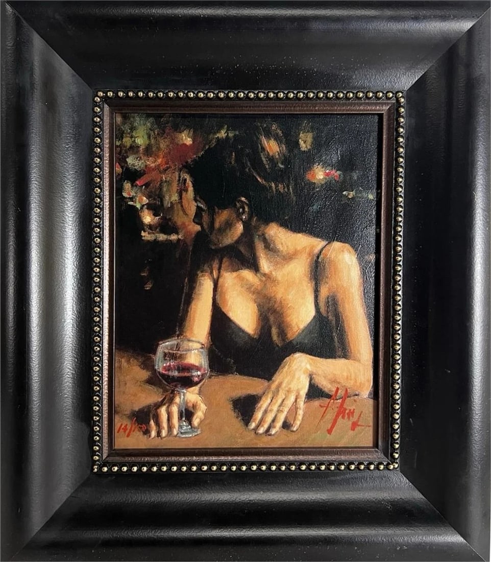 Fabian Perez "Last Merlot" Signed Art Giclee: Striking limited edition giclee on canvas by Fabian Perez, titled Last Merlot. This emotionally charged image features a woman seated at a table with a glass of red wine, her figure dramatically illum