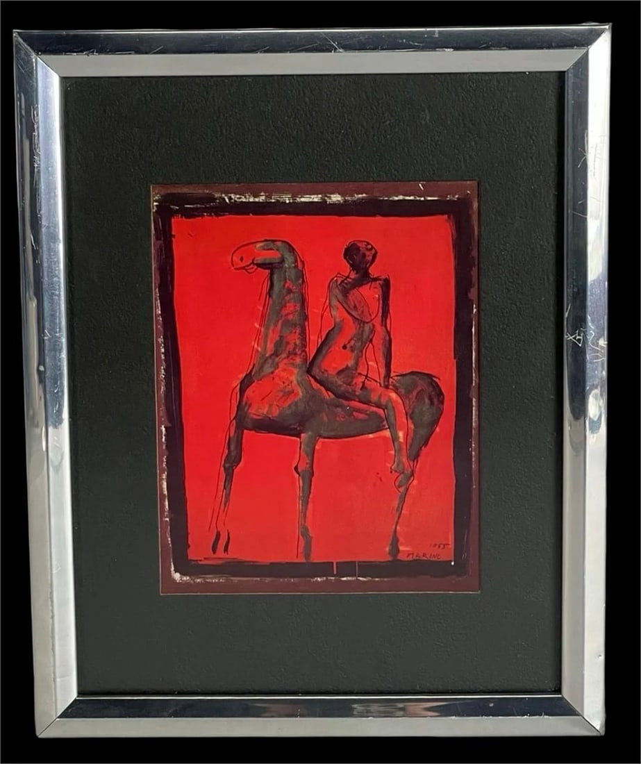 Marino Marini Horsman Expressionist Silkscreen: Striking 1955 silkscreen by renowned Italian artist Marino Marini, boldly hand-signed and dated lower right. Rendered in intense crimson and black tones, this expressive image depicts Marini's iconic