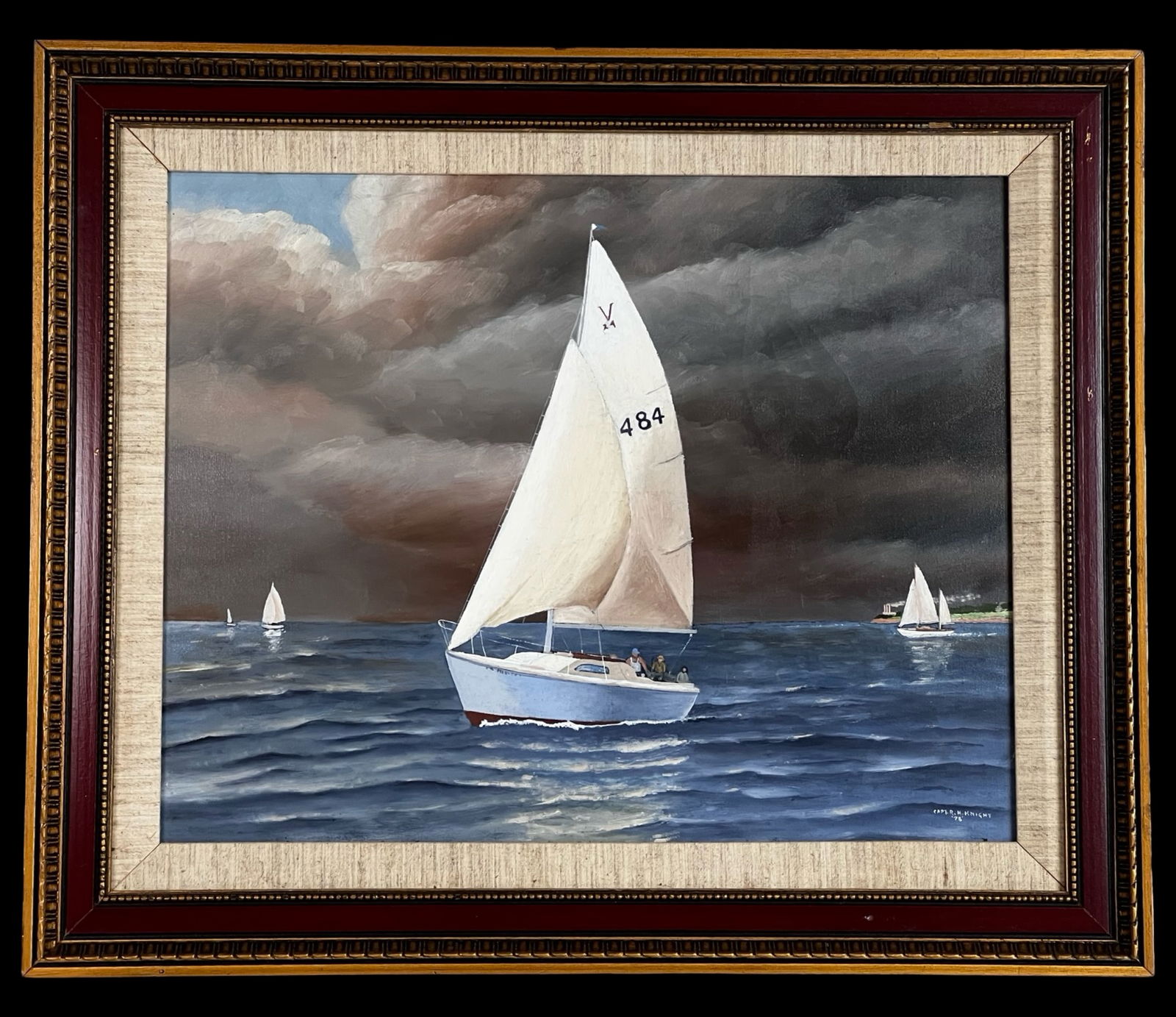 Capt. R.H. Knight Florida Nautical Oil Painting: Original oil on canvas depicting a dramatic sailing scene as a vessel marked "484" cuts through dark, windswept waters beneath an ominous sky. The painting is signed Capt. R.H. Knight in the lower rig