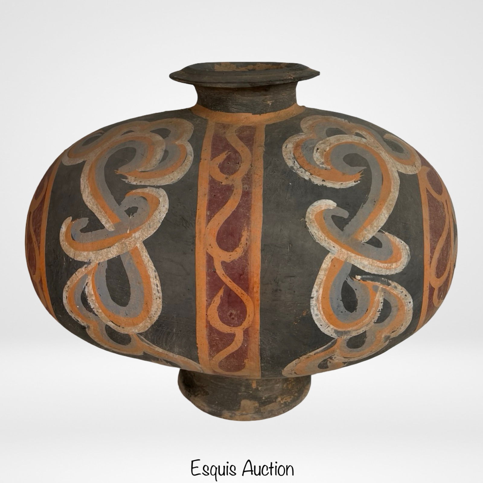 Antique Chinese Han Dynasty Painted Cocoon Jar: Chinese Han Dynasty terracotta cocoon jar, showcasing the characteristic ovoid shape inspired by ancient silkworm cocoons. Decorated in earth-toned mineral pigments with rhythmic red, orange, and