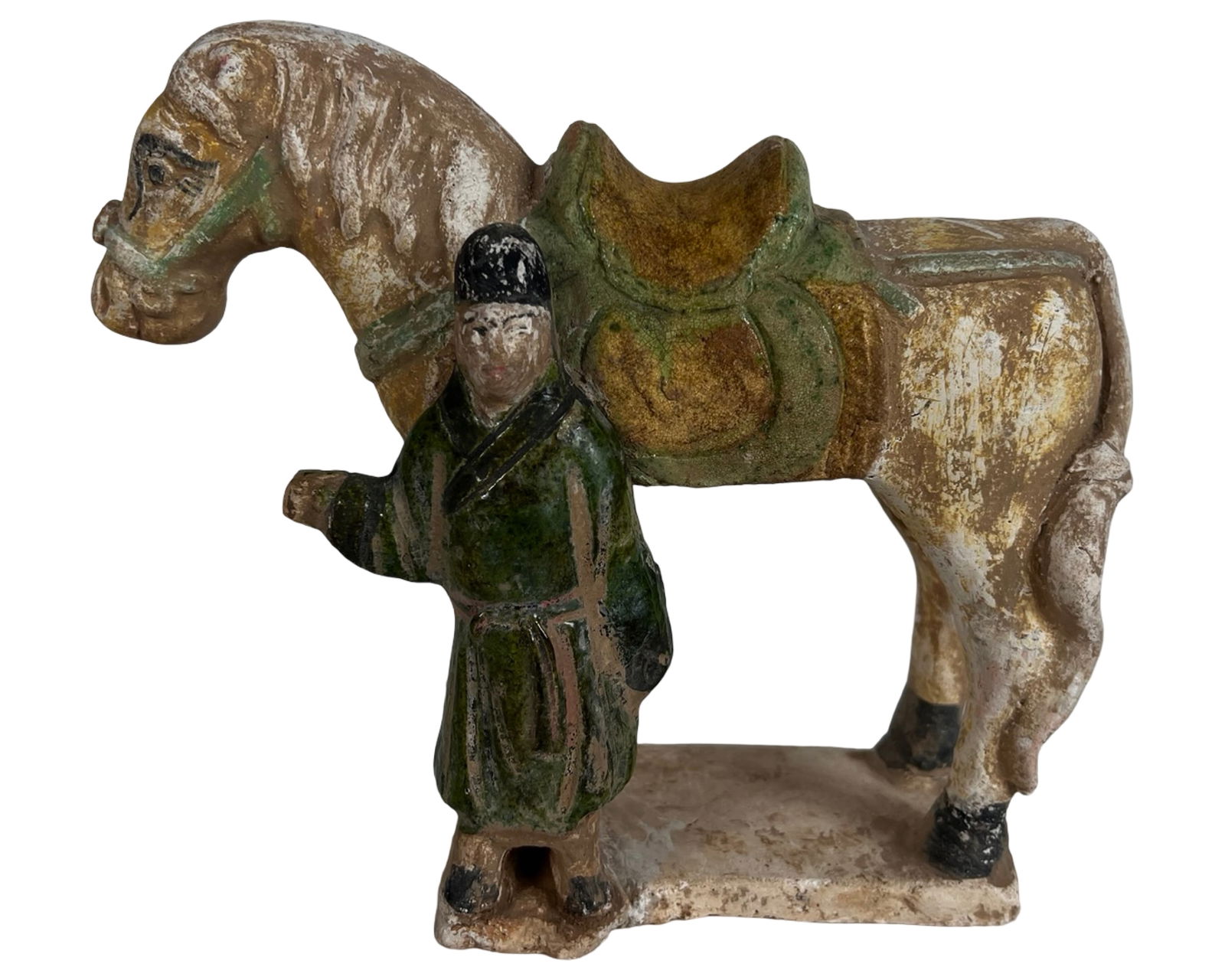 Chinese Sancai-Glazed Pottery Horseman Tomb Figure: Evoking the spirit of ancient burial customs, this figure depicts a standing groom beside a saddled horse, rendered in the style of Ming Dynasty sancai-glazed pottery. The groom wears a long robe in