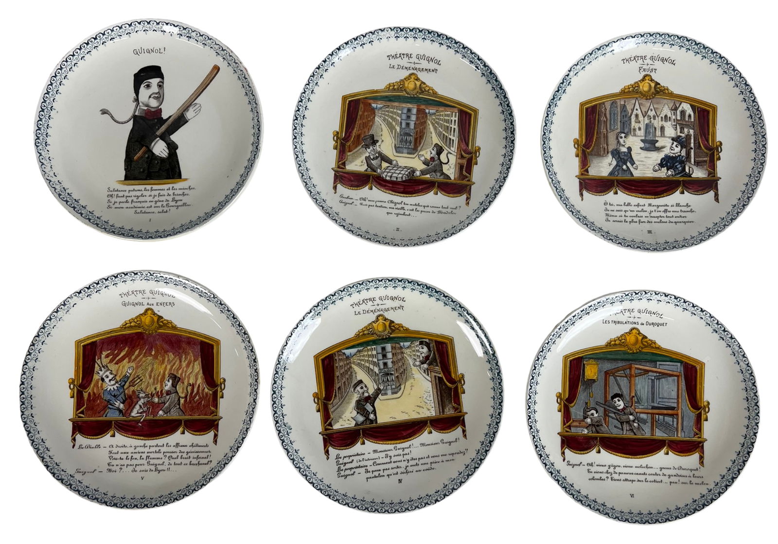 Antique French "Theatre Guignol" Puppets Plates: Charming set of six antique French Faience plates from the whimsical "Theatre Guignol" series, produced by HBCM Montereau. Each plate depicts a different hand-colored scene from the 19th-century