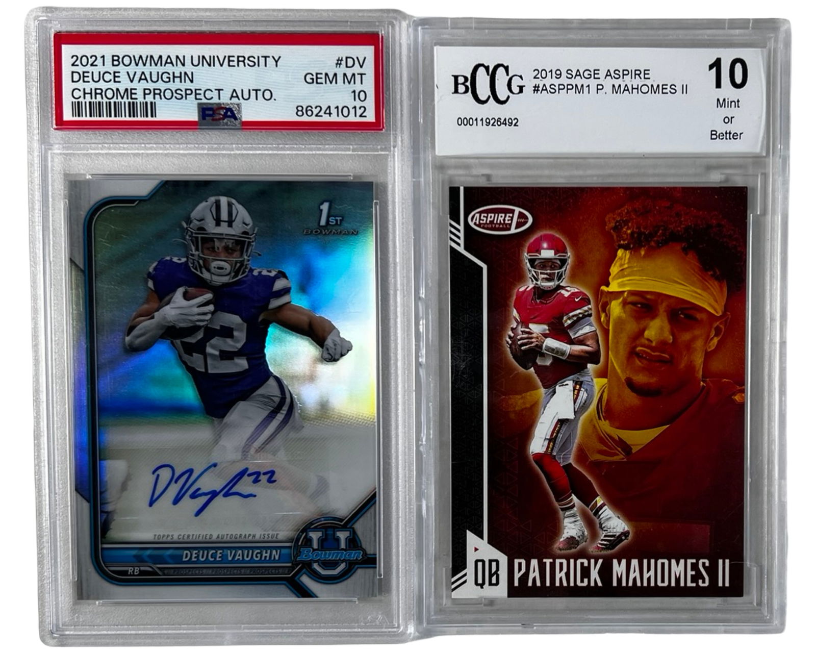 Deuce Vaughn PSA 10 & Patrick Mahomes BCCG Cards: Pair of professionally graded football cards featuring top talents. The first is a 2021 Bowman University Chrome Prospect Autograph card of Deuce Vaughn, PSA-graded GEM MT 10, showcasing his