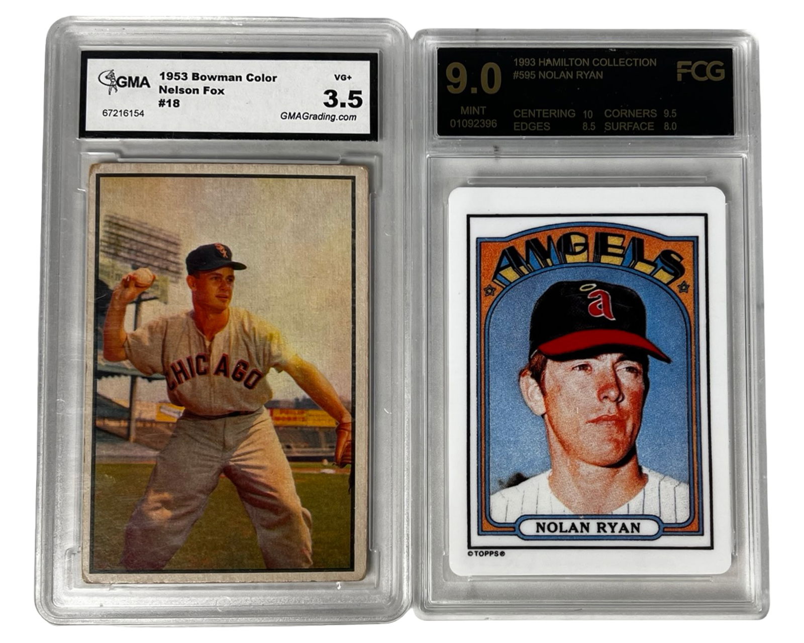 Graded Cards- '53 Nelson Fox & '93 Nolan Ryan: Pair of graded baseball cards featuring Hall of Famers from two generations. Includes a 1953 Bowman Color #18 Nelson Fox graded GMA 3.5 VG+ and a 1993 Hamilton Collection #595 Nolan Ryan tribute card