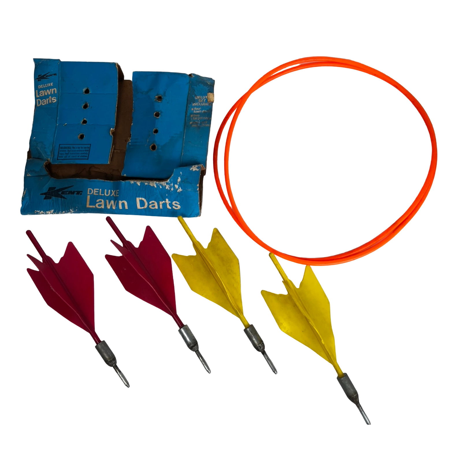 Vintage Deluxe "Jarts" Lawn Darts Set by Kent: This vintage Kent Model 5107 "Jarts" lawn darts set includes four classic metal-tip darts-two red and two yellow-along with an orange target ring. The original blue and white Kent box is included and