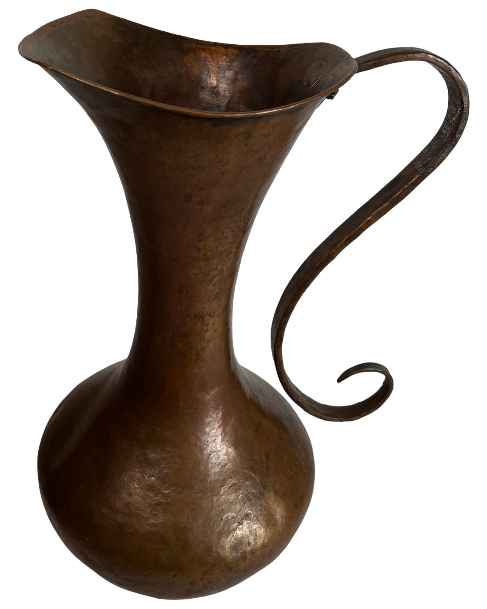 XL 21" Hand-Hammered Arts & Crafts Copper Pitcher: Striking antique Arts & Crafts pitcher, meticulously hand-hammered from copper. The elegant, flared form is complemented by a dramatically curved handle with a sculptural scroll end. This substantial