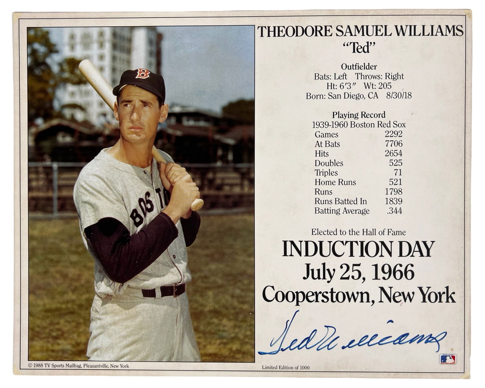 Ted Williams HoF Induction Day Signed Photograph (1 of 2)
