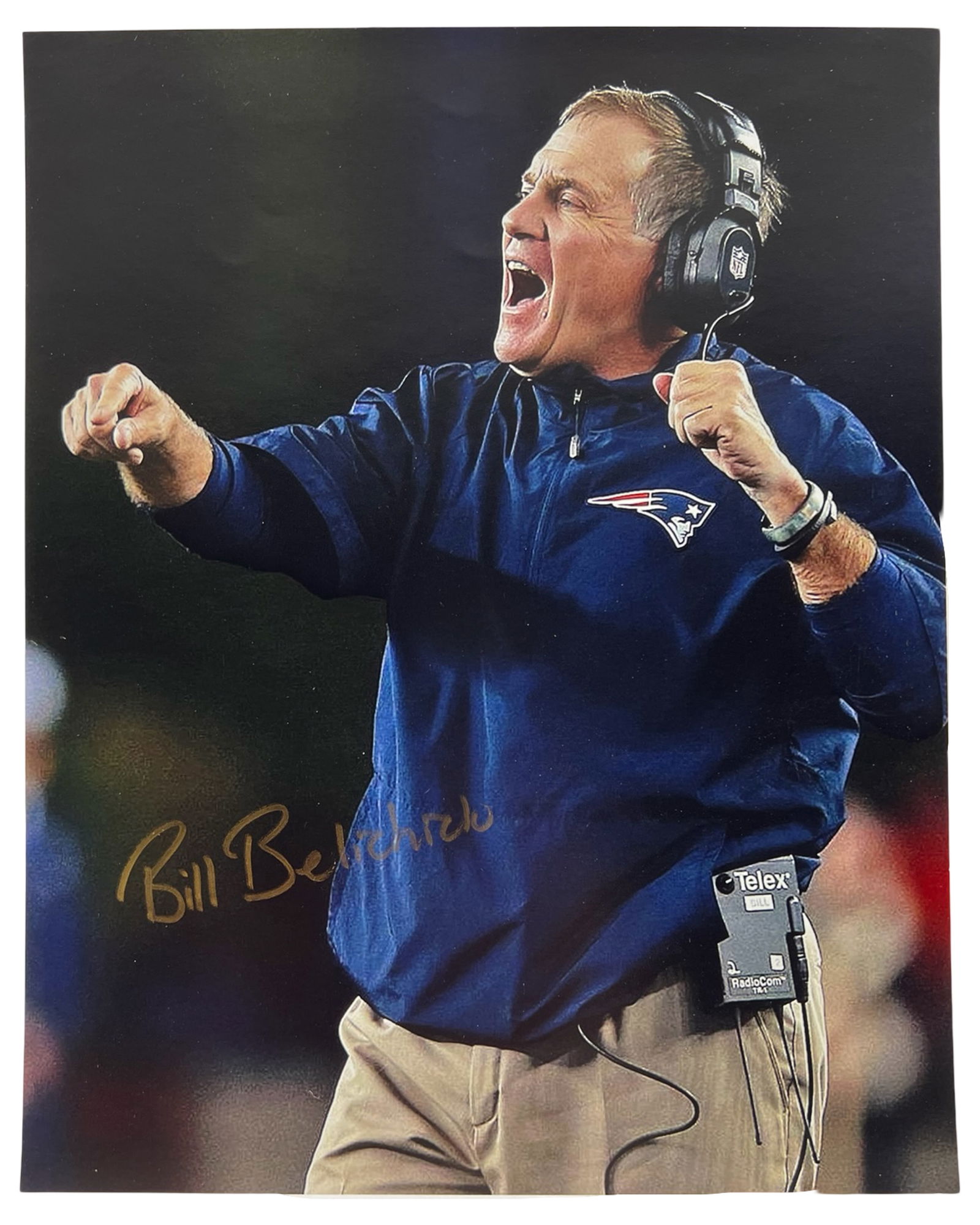 Bill Belichick Autographed Sideline Photograph: Dynamic sideline photograph capturing Bill Belichick in an intense, animated moment during a New England Patriots game, wearing his trademark headset and team gear. The image reflects Belichick's comm