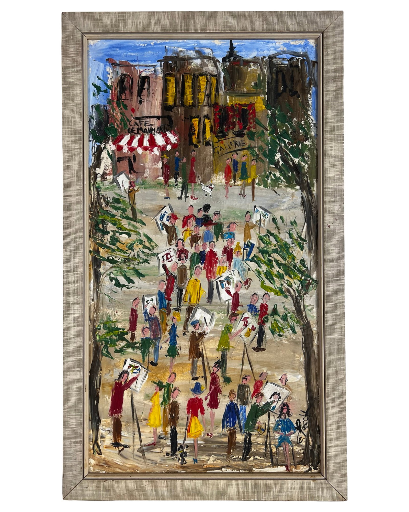 Impressionist Street Scene Oil Painting: Expressive oil painting depicting a lively street scene filled with figures, easels, and onlookers gathered along a tree-lined walkway near a café and gallery. Rendered in an impressionist manner, th